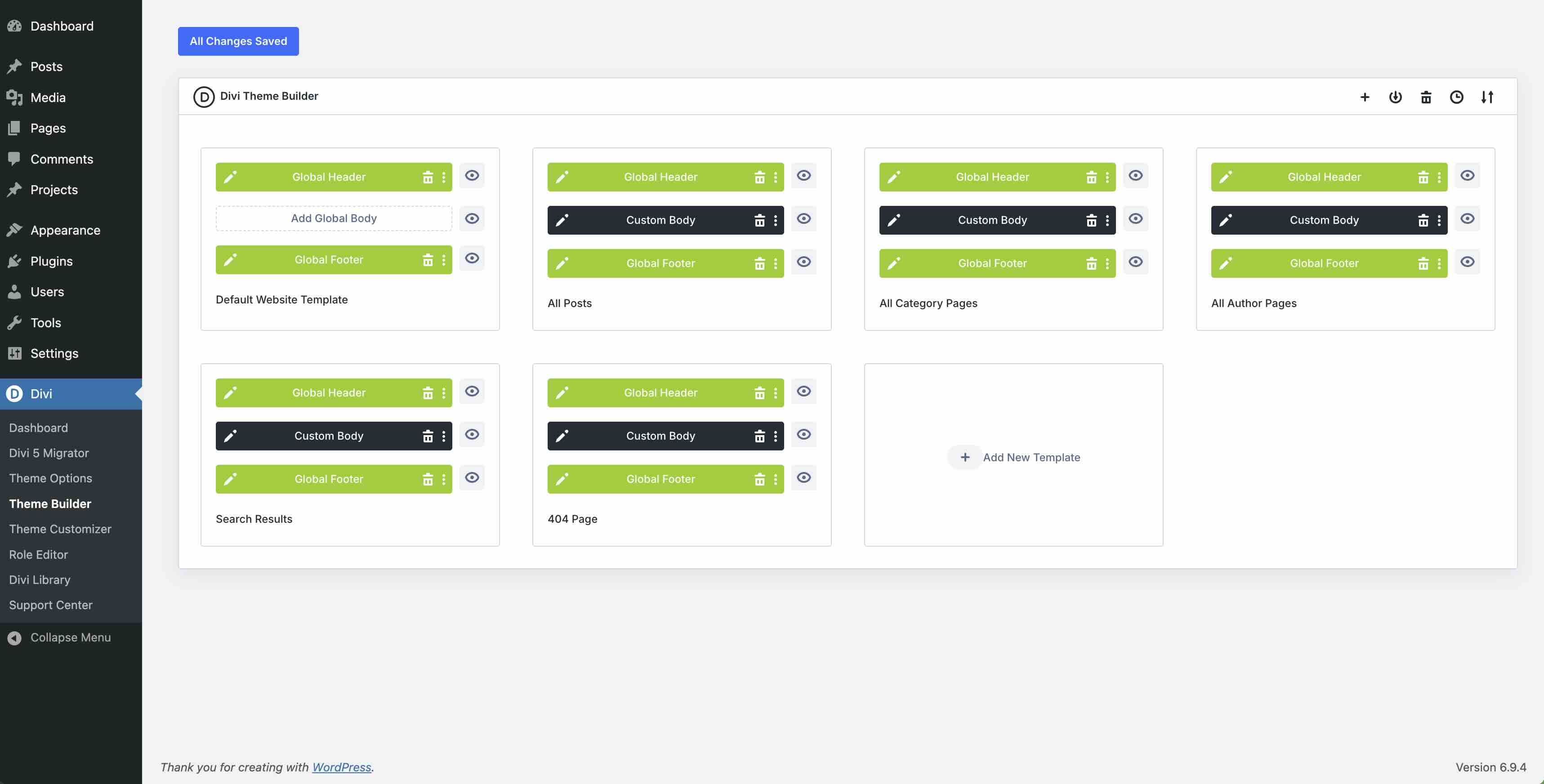 Global website templates in the Divi Theme Builder
