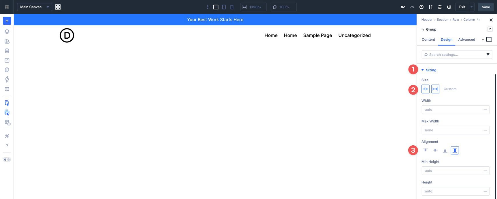Group module sizing settings in Divi 5