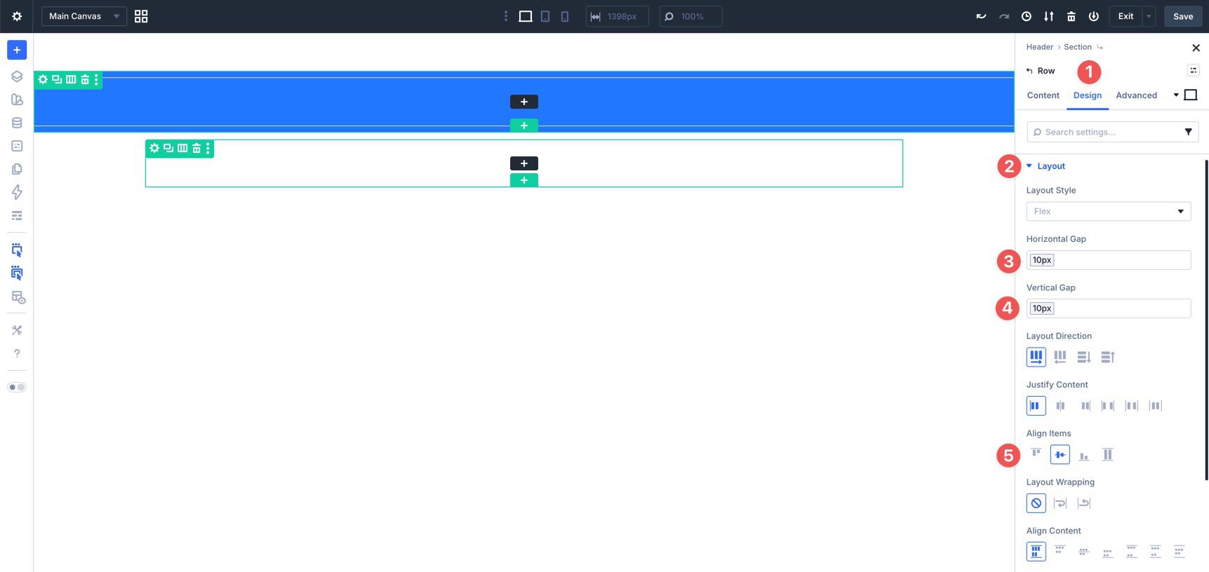 Header Row Flexbox settings in Divi 5