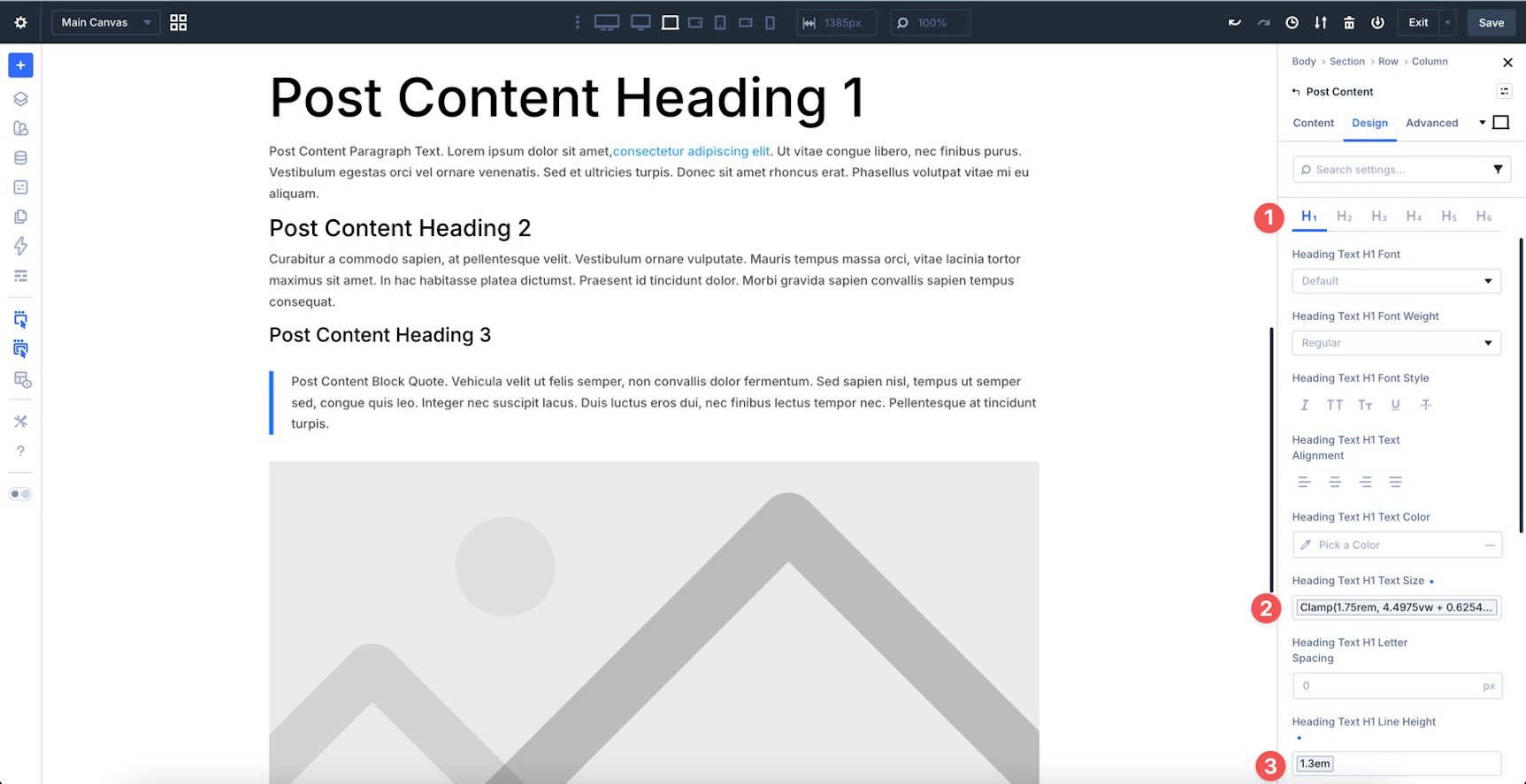 Heading level typography settings for the Post Content module