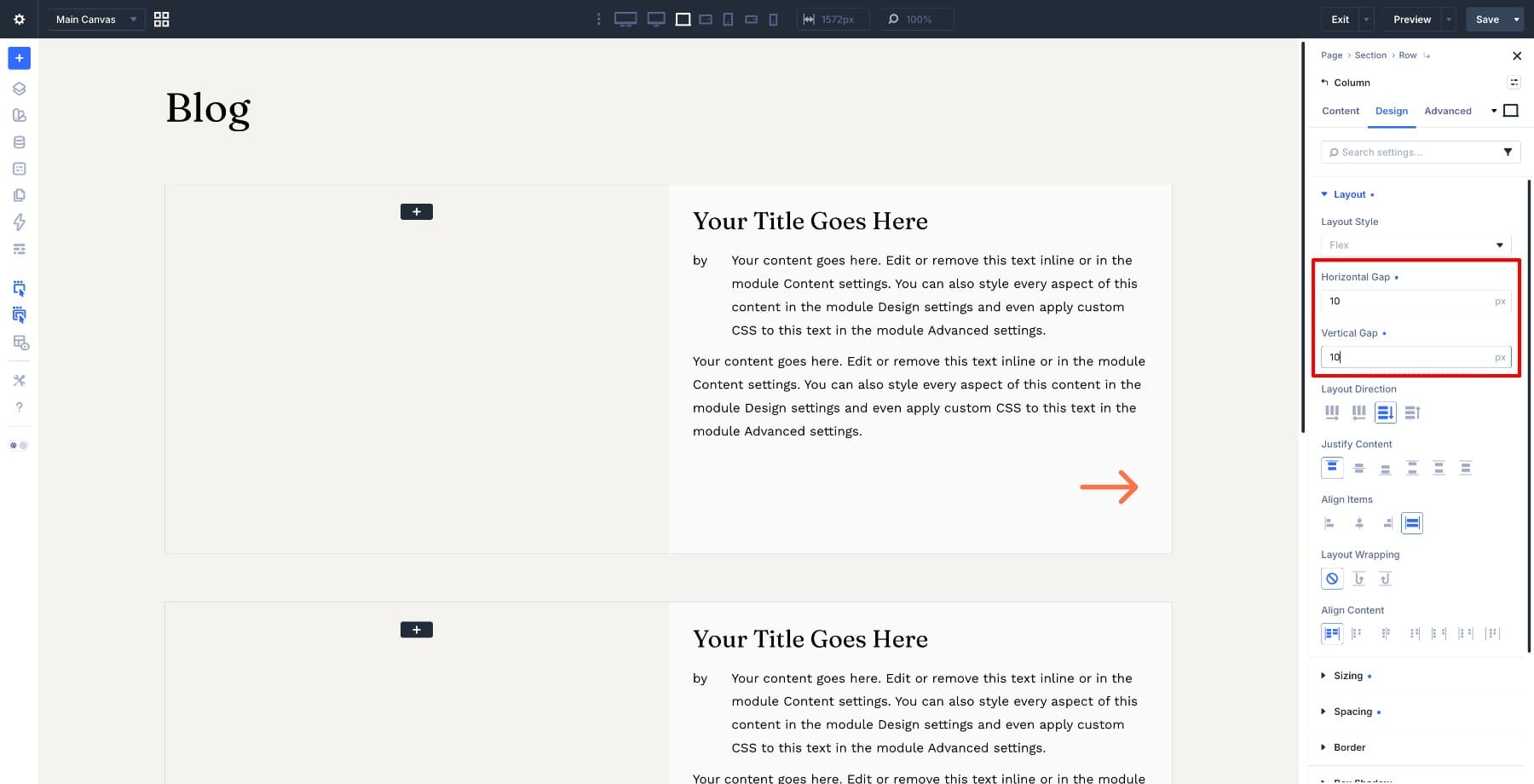 Horizontal and vertical gaps in Divi Builder