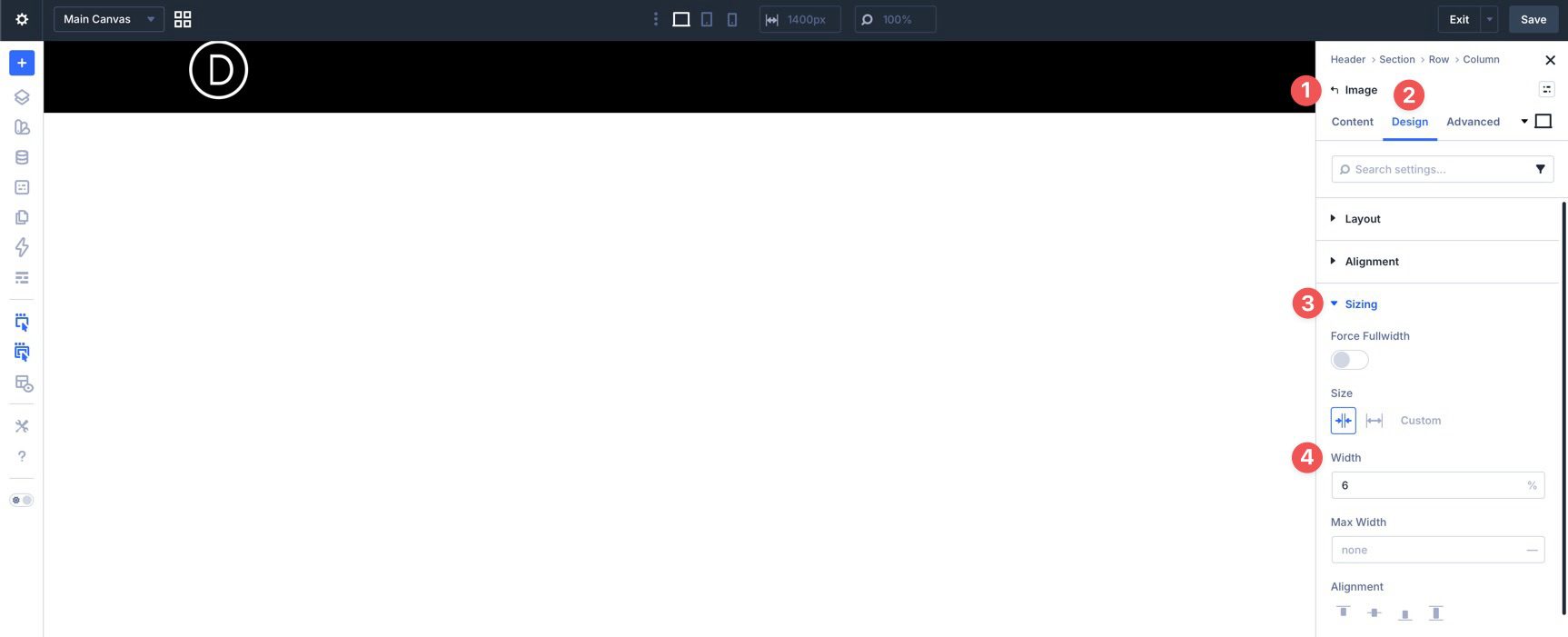 Logo sizing settings in Divi 5