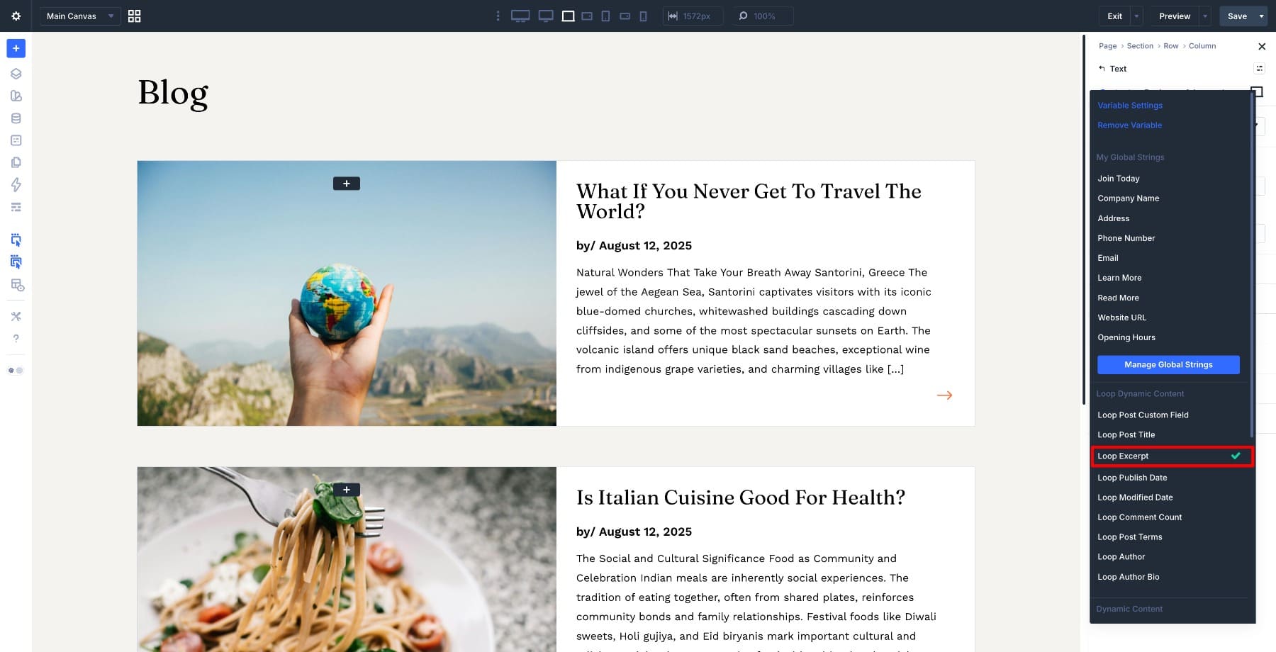 Loop Excerpt dynamic content option in Divi 5