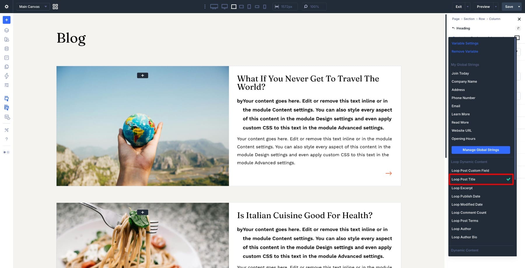 Loop Post Title dynamic content option in Divi 5