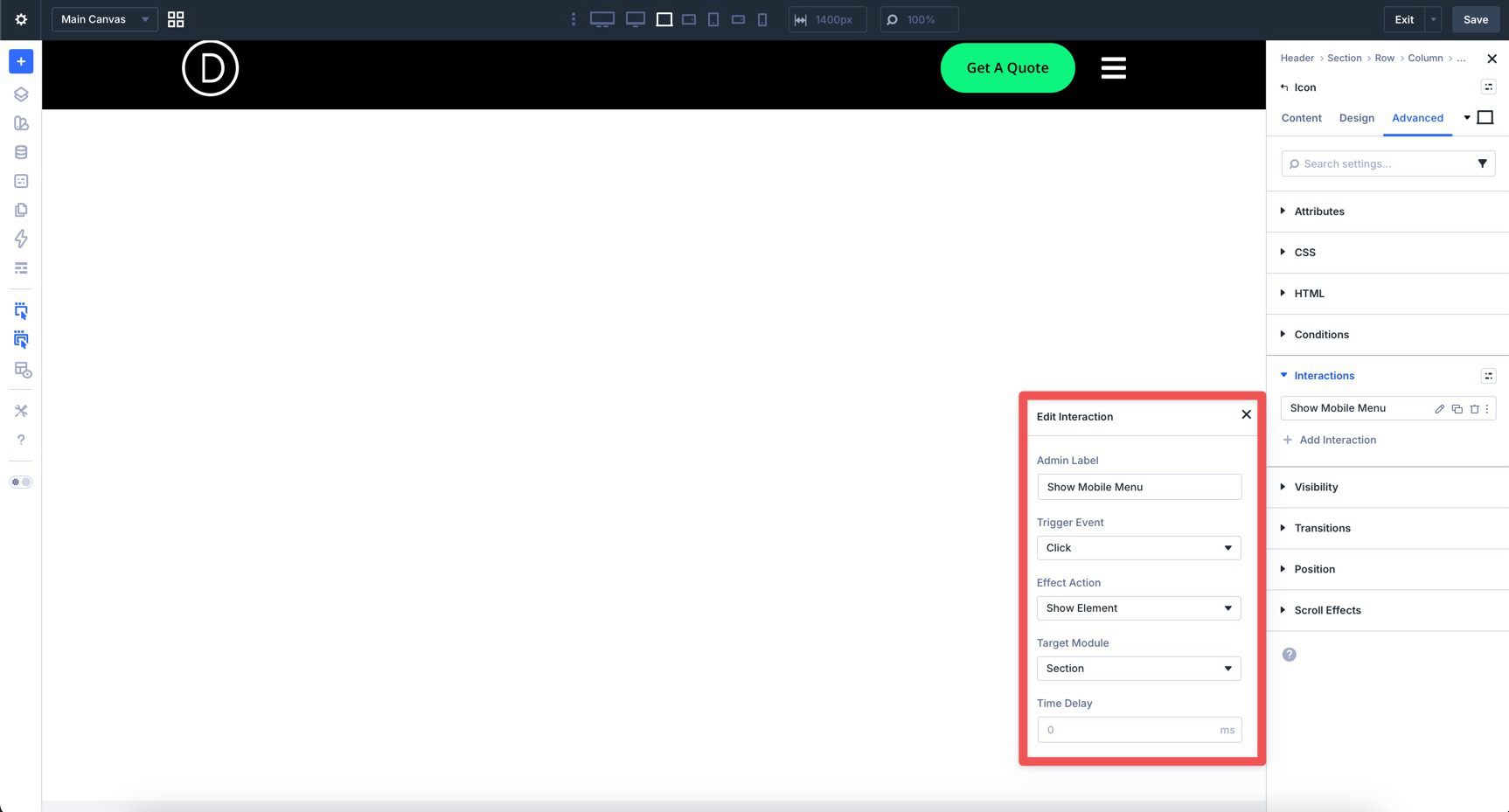 Create a hamburger menu Interaction in Divi 5