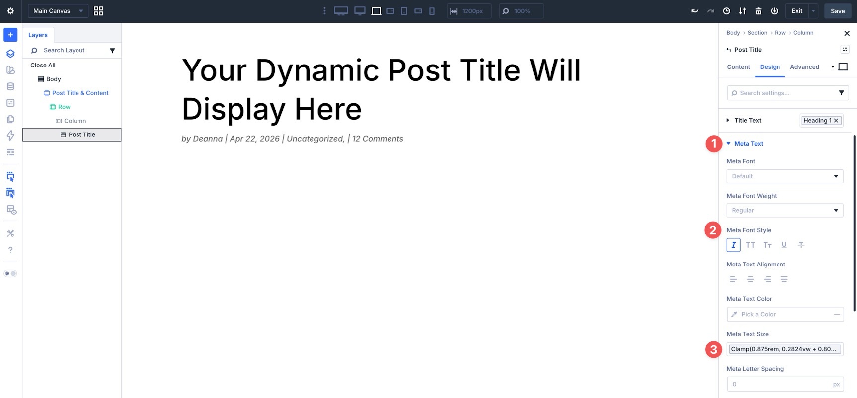 Meta Text settings for the Post Title module in Divi 5