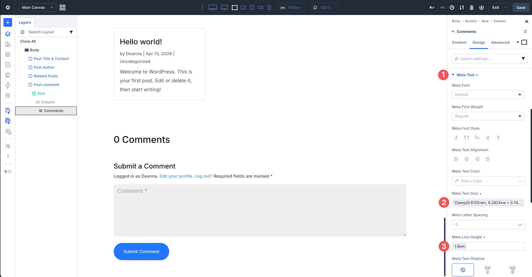 Comments module Meta Text size settings in Divi 5