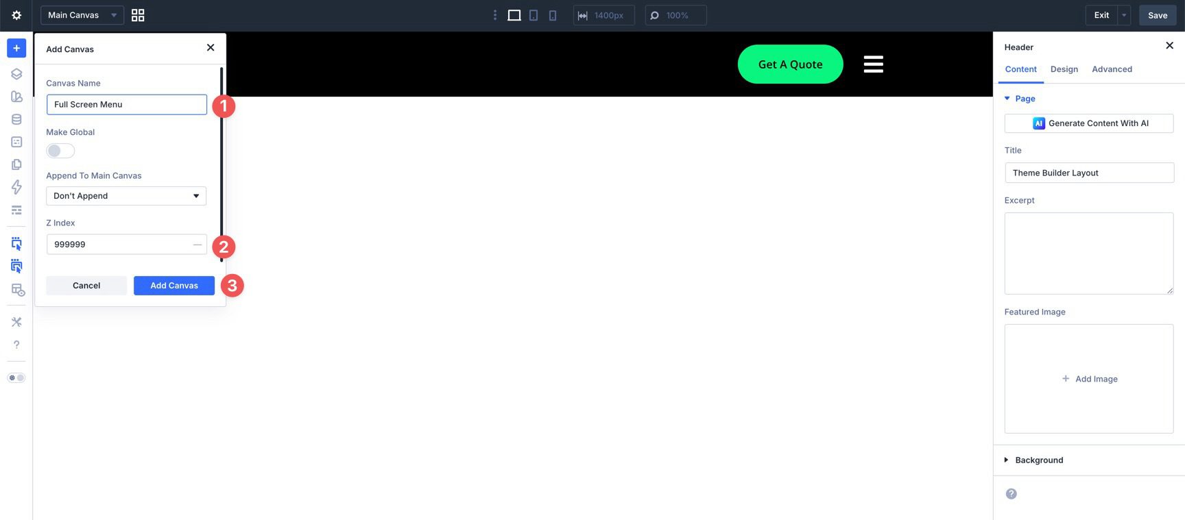 Name a full-screen menu Canvas in Divi 5