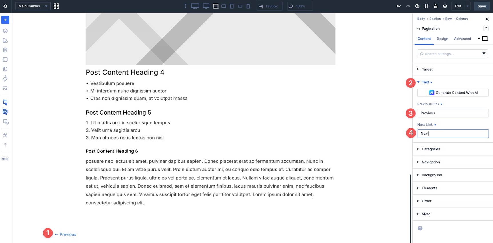 Pagination module text settings in Divi 5