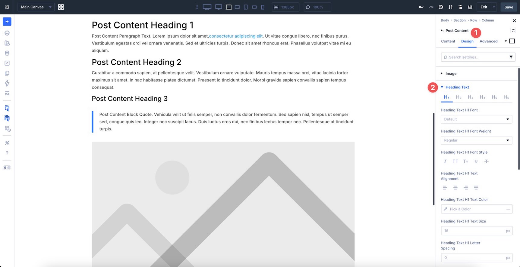 Post Content module heading settings in Divi 5