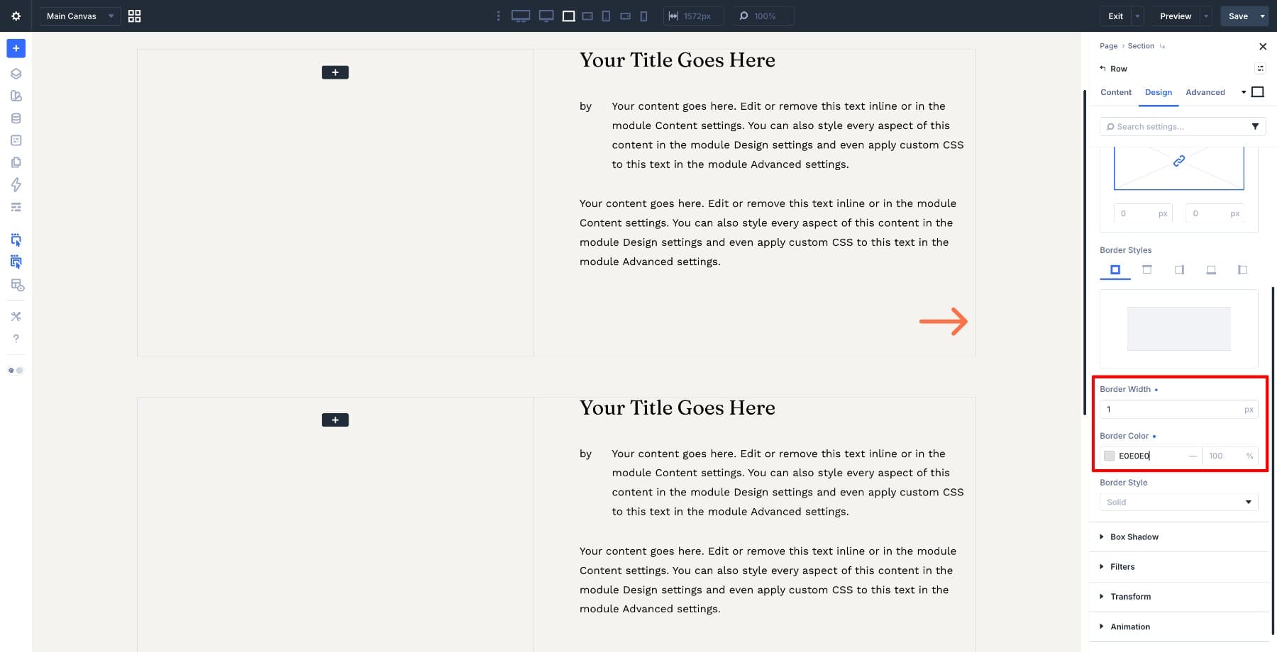 Row border settings in Divi Builder