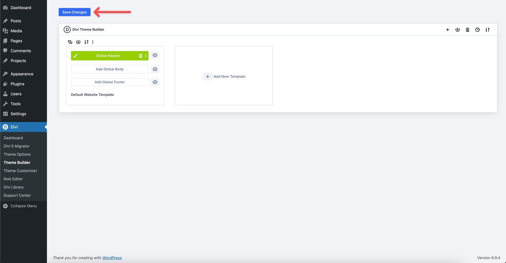 Save Theme Builder changes in Divi 5