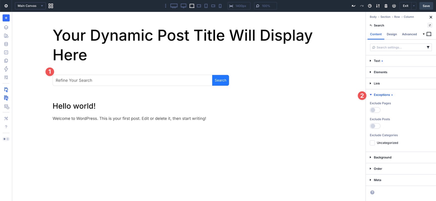 Search result exception settings in Divi 5