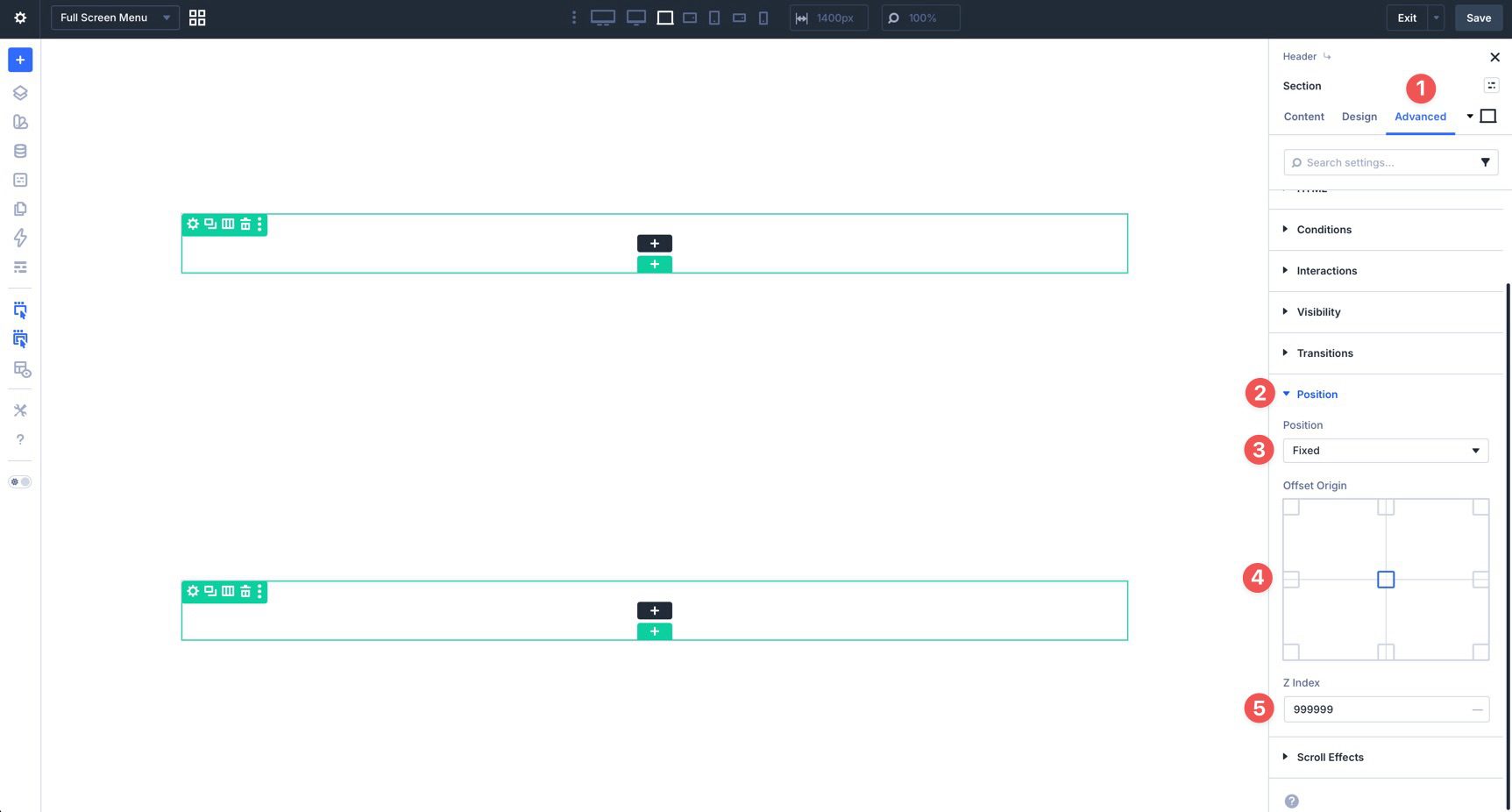 Fixed position settings for a Divi 5 full-screen menu