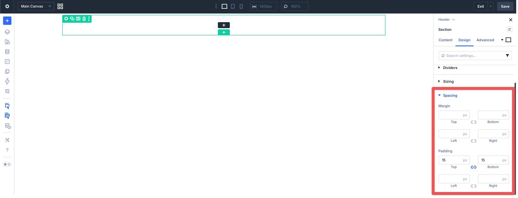 Section spacing settings for a Divi 5 header