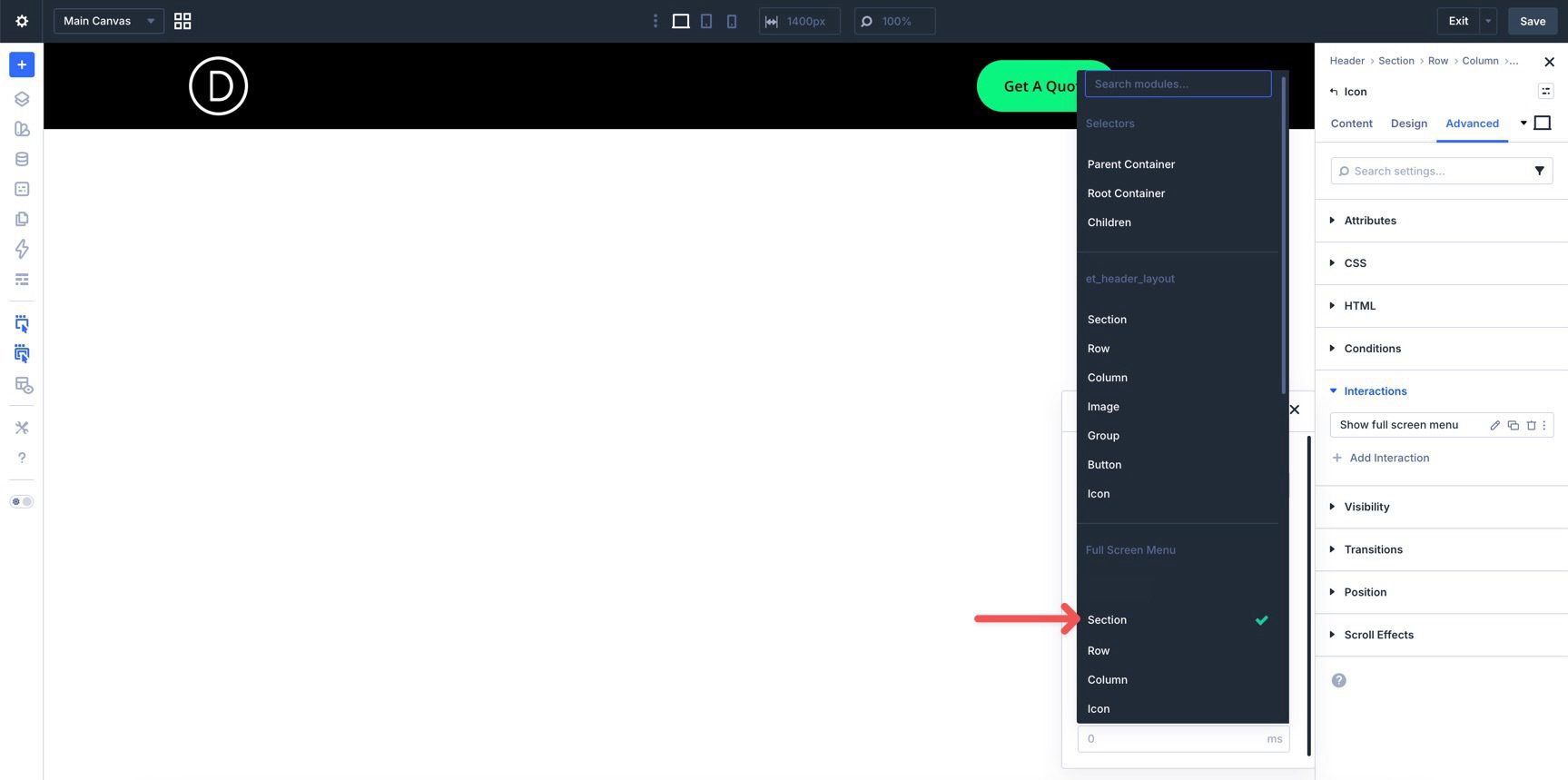Set the full-screen menu Section as an Interaction target in Divi 5