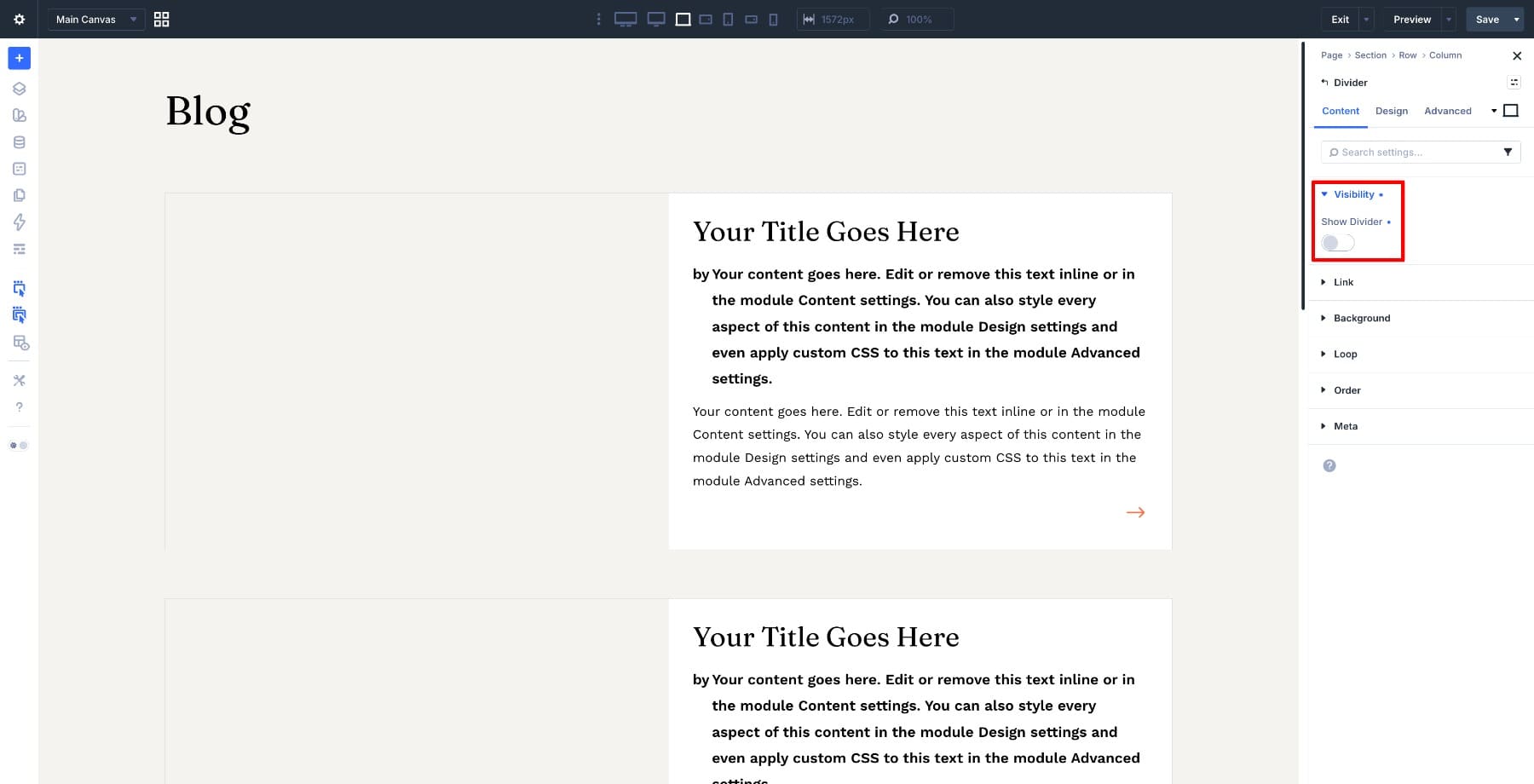 Show Divider setting turned off in Divi Builder