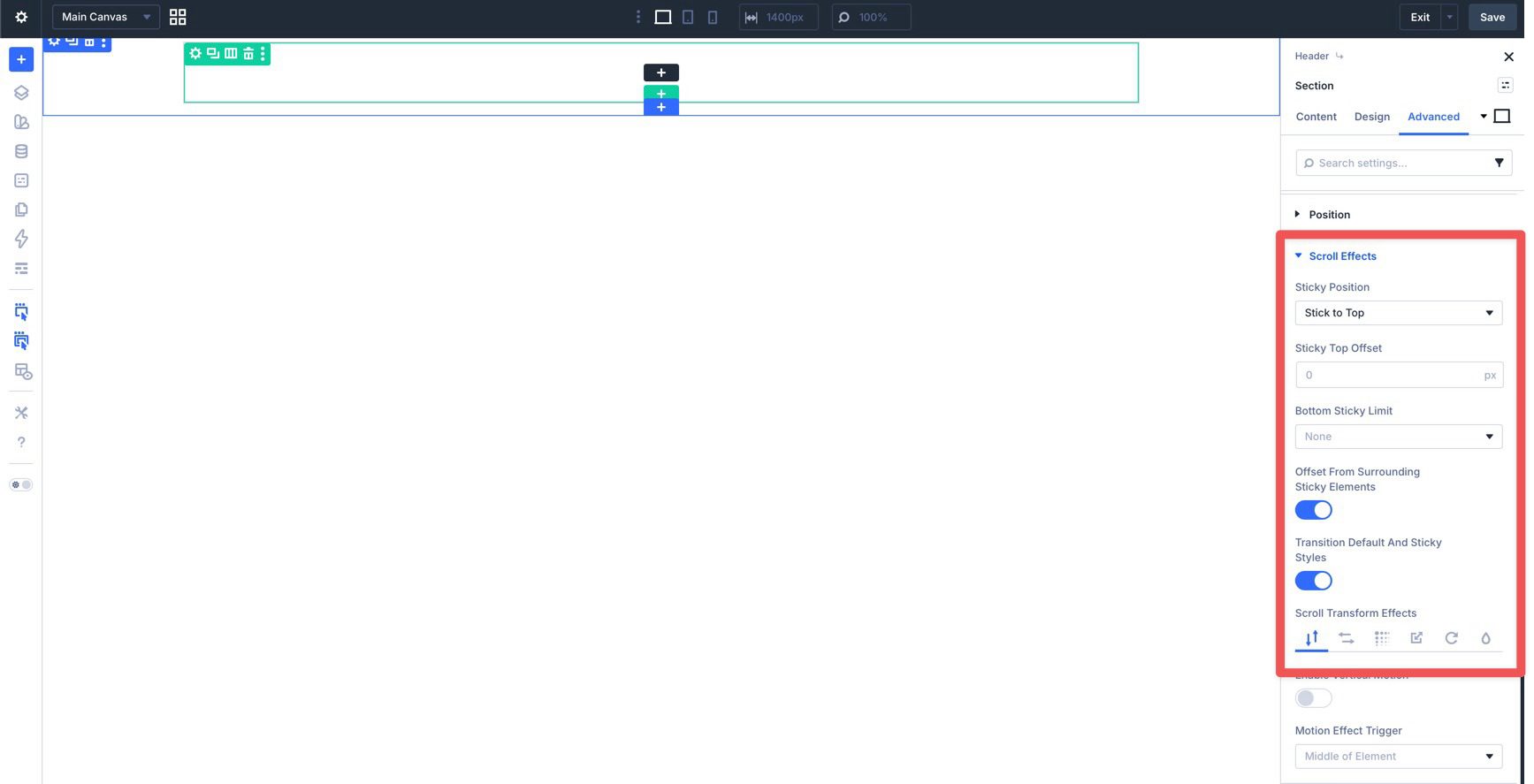 Sticky section settings in Divi 5