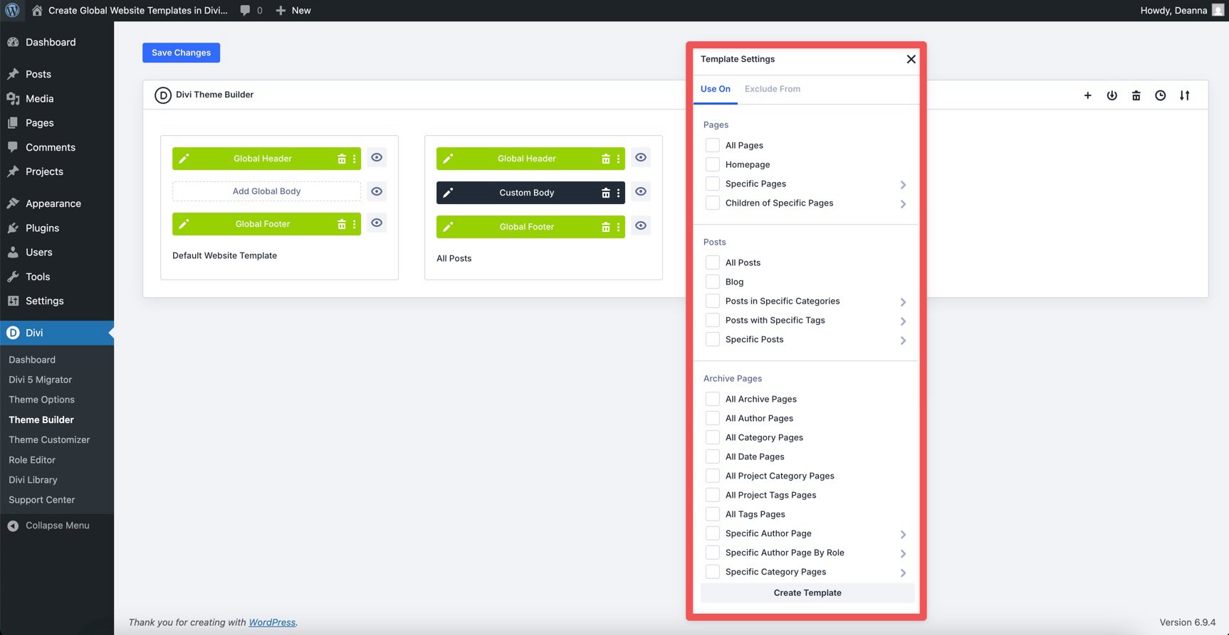Template Settings modal in the Divi Theme Builder