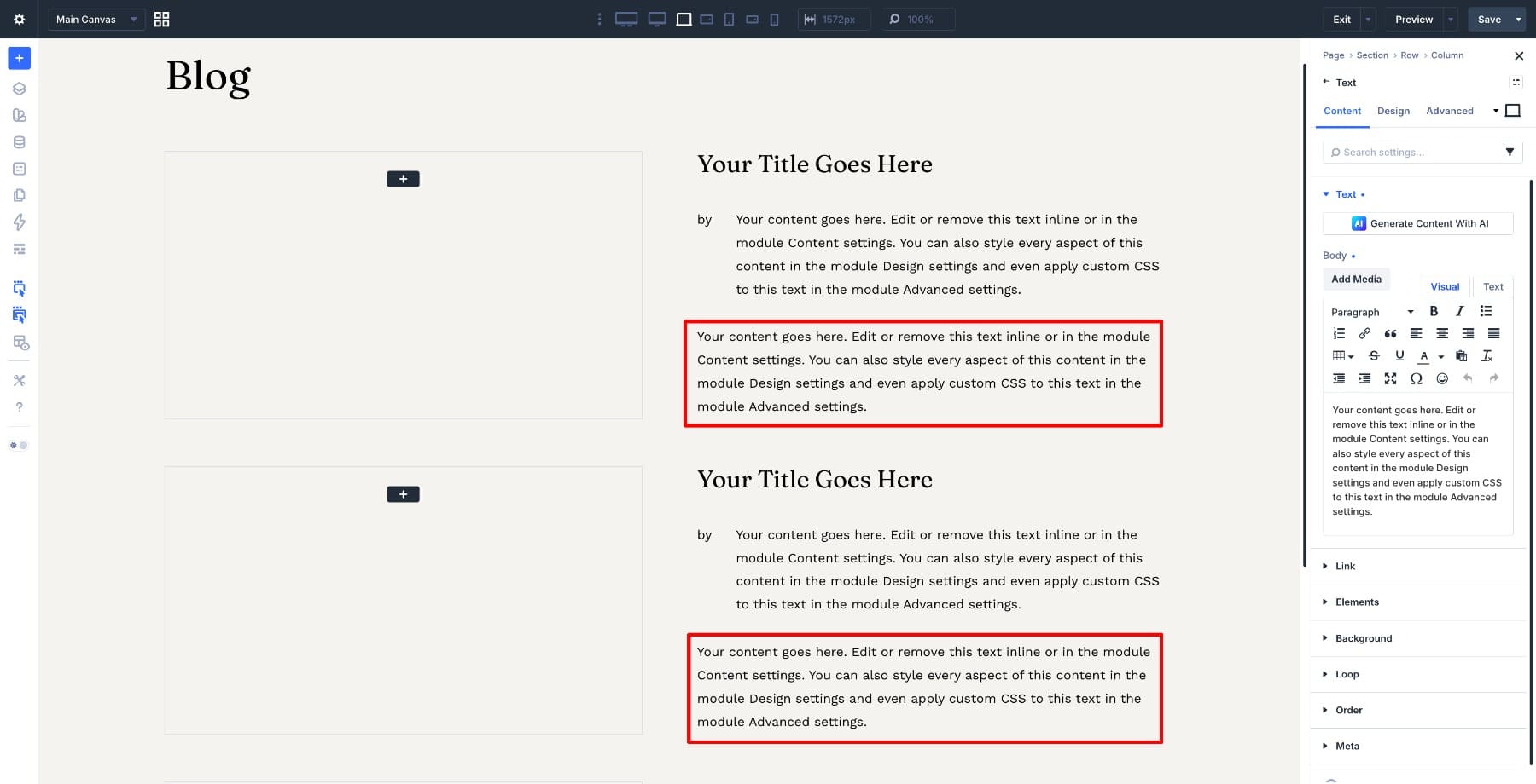 Text module in Divi Builder