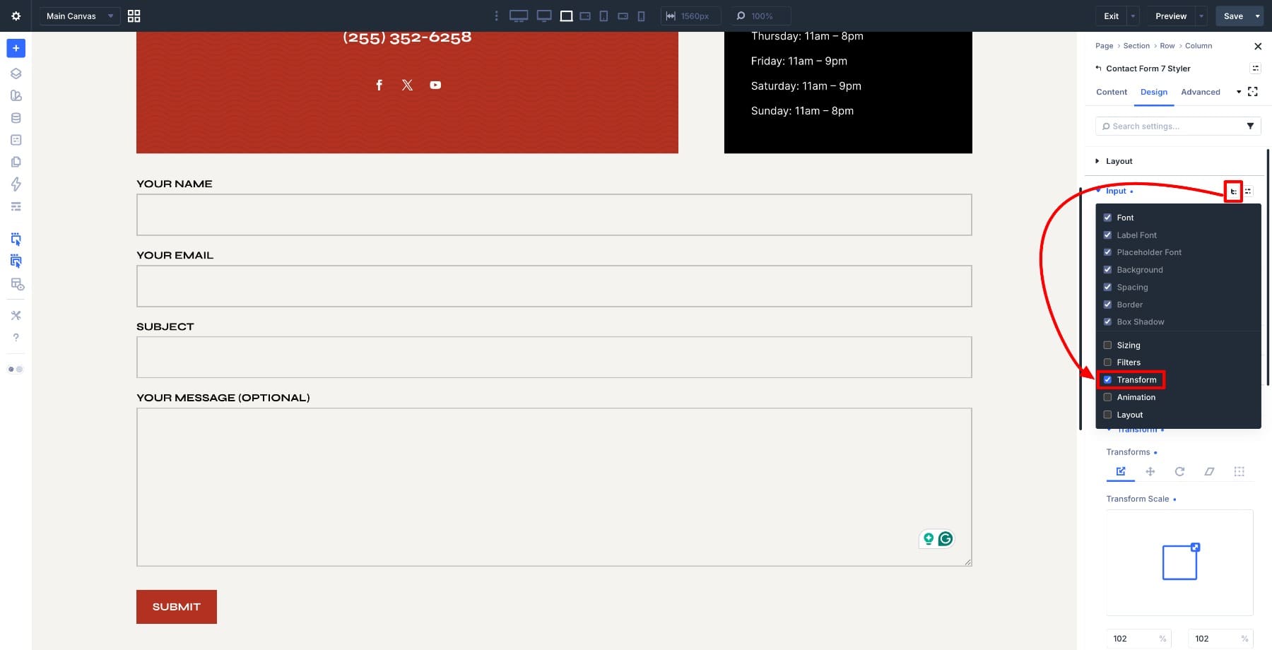 enable transform with composable settings in divi 5