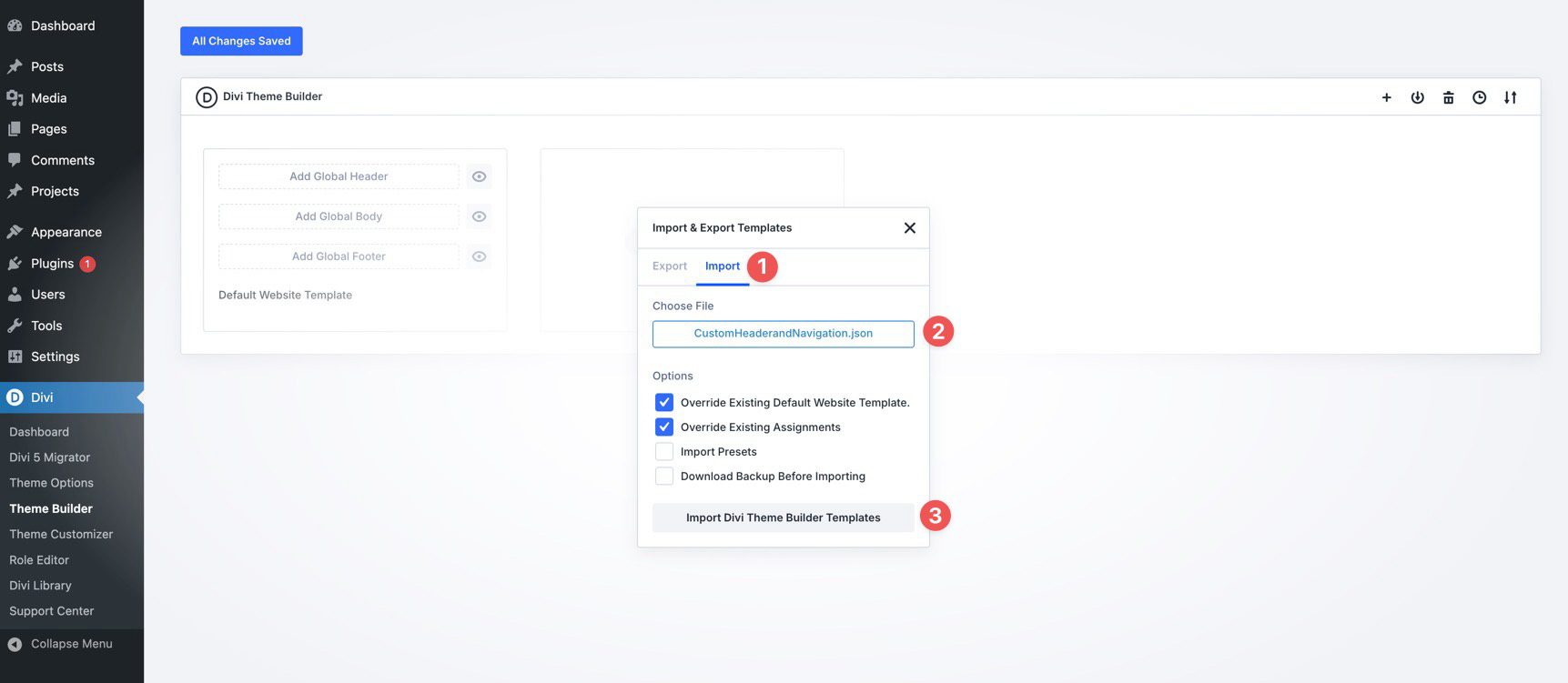 Upload a JSON file to the Divi Theme Builder