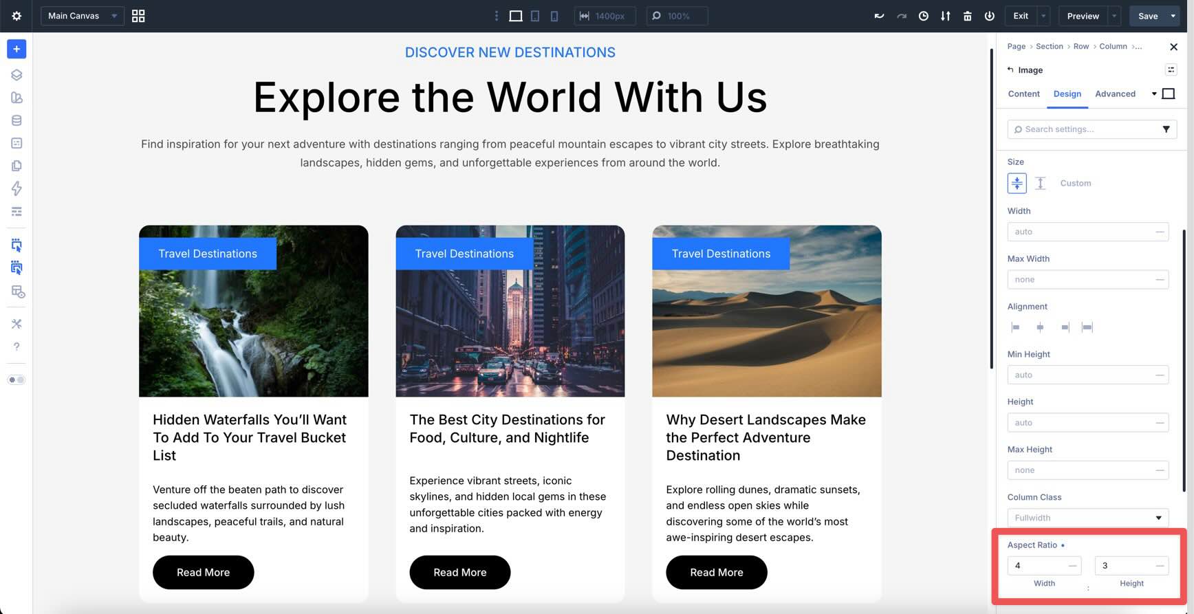 4 to 3 aspect ratio applied to image cards in Divi 5