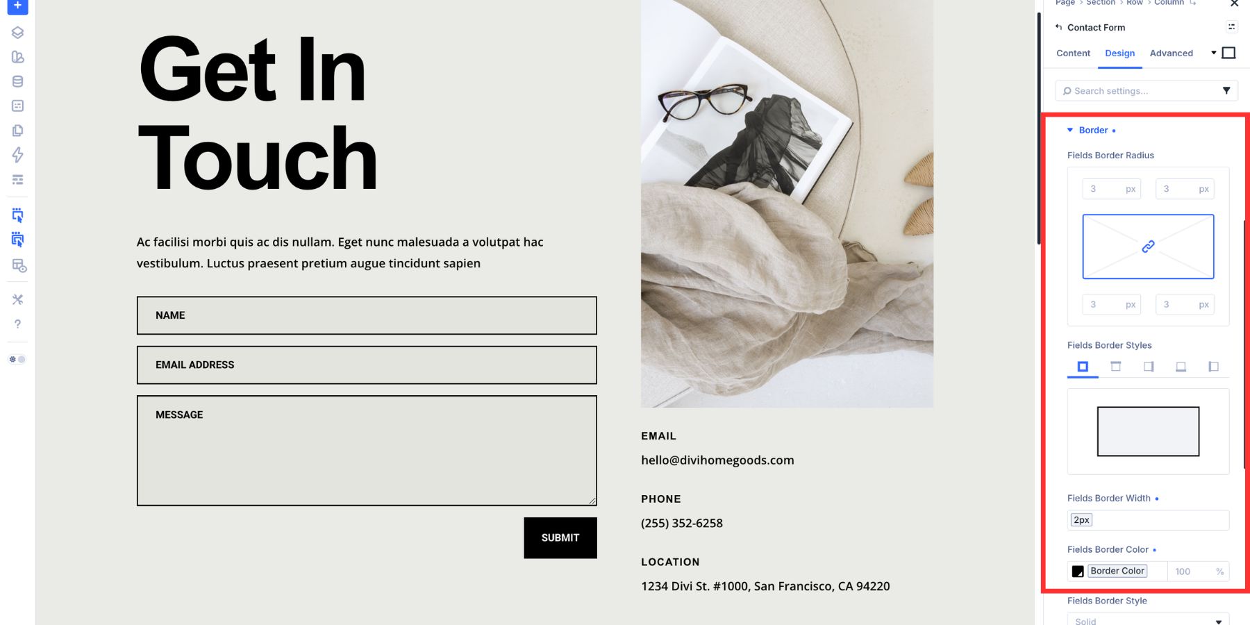 Border styling controls for Divi 5 form fields