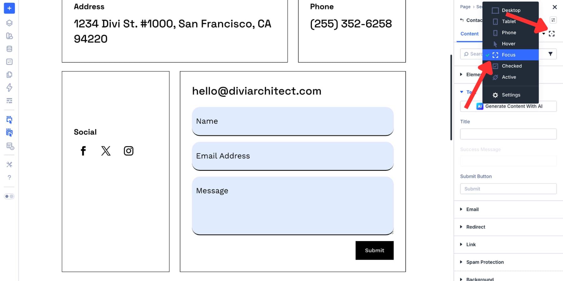 Focus mode selector for form fields in Divi 5