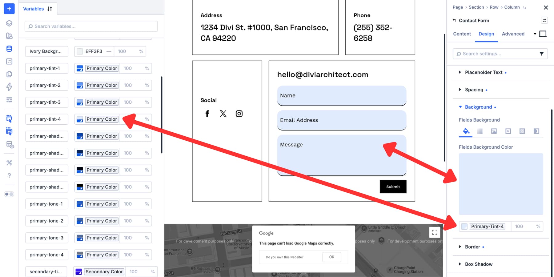 Design Variable used as a form field background color in Divi 5