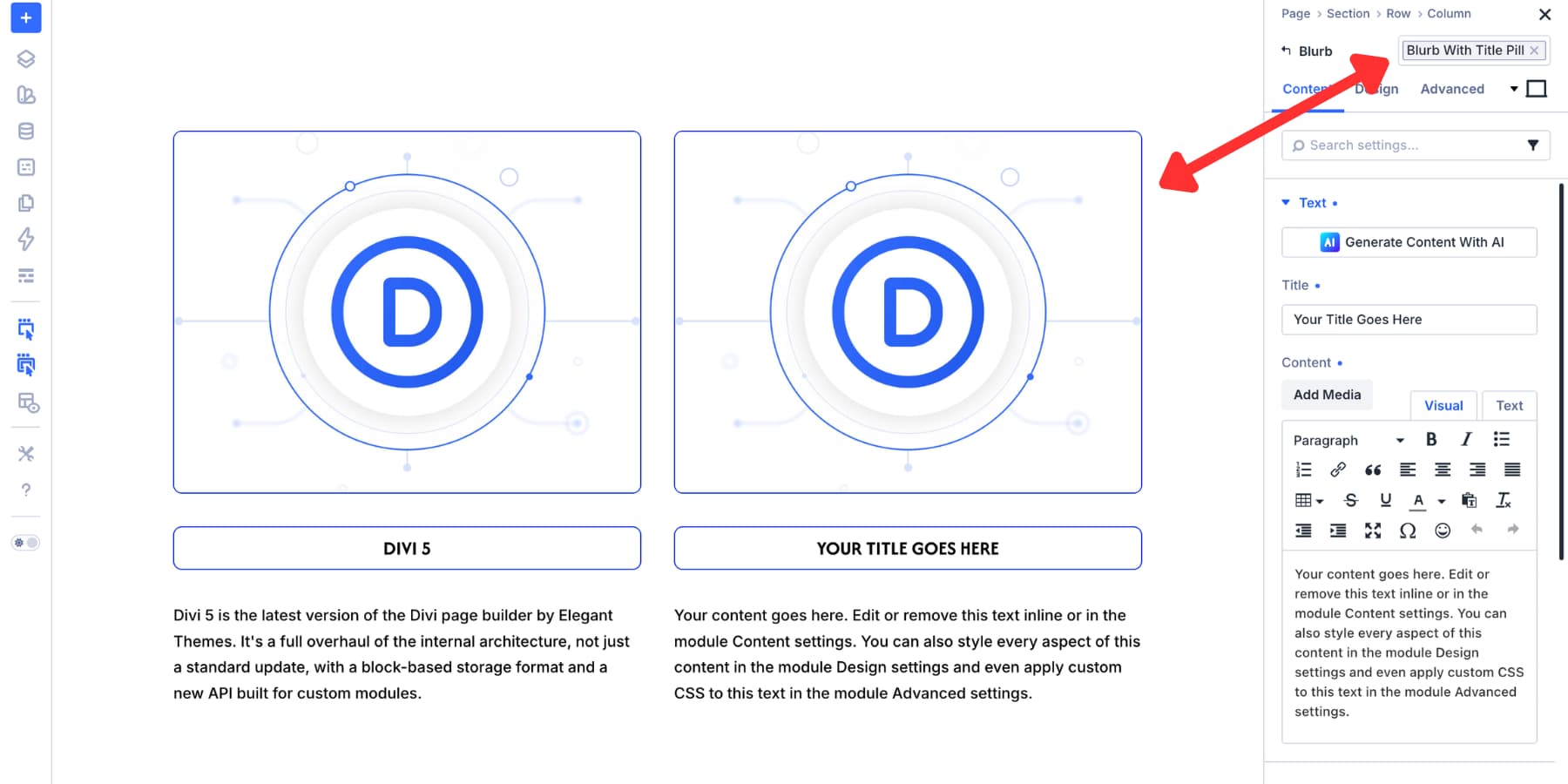 Blurb Element Preset applied to a new Blurb module in Divi 5