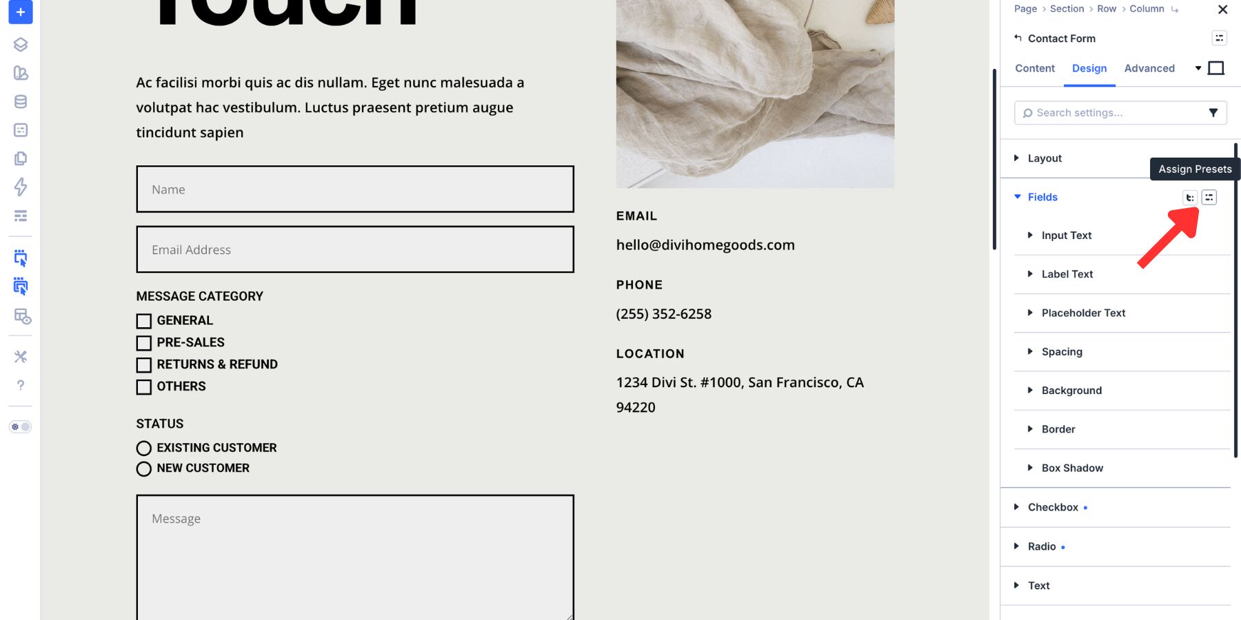 Option Group Preset icon in Divi 5 form settings