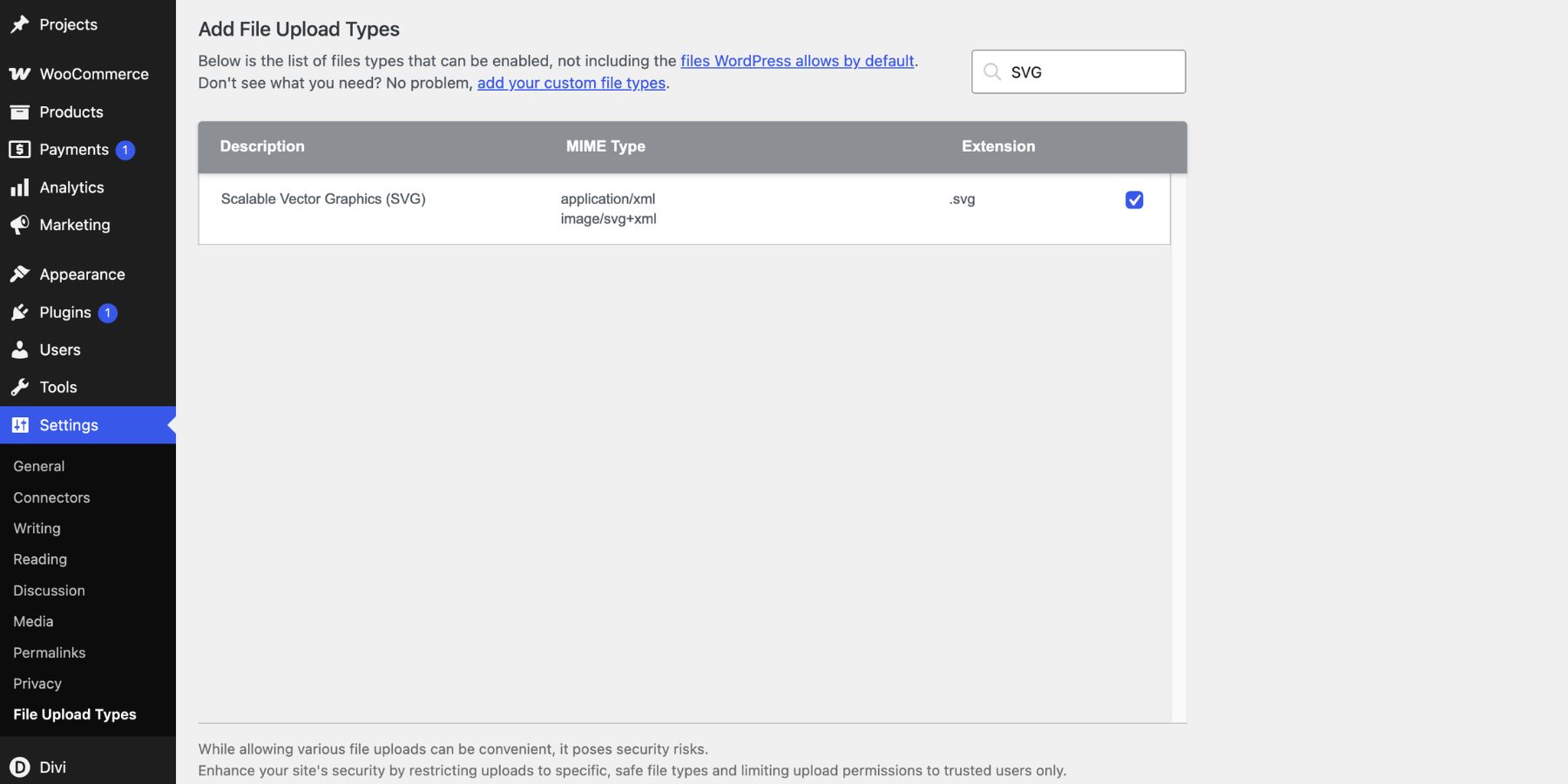 enable SVG file uploads with the File Upload Types plugin in WordPress