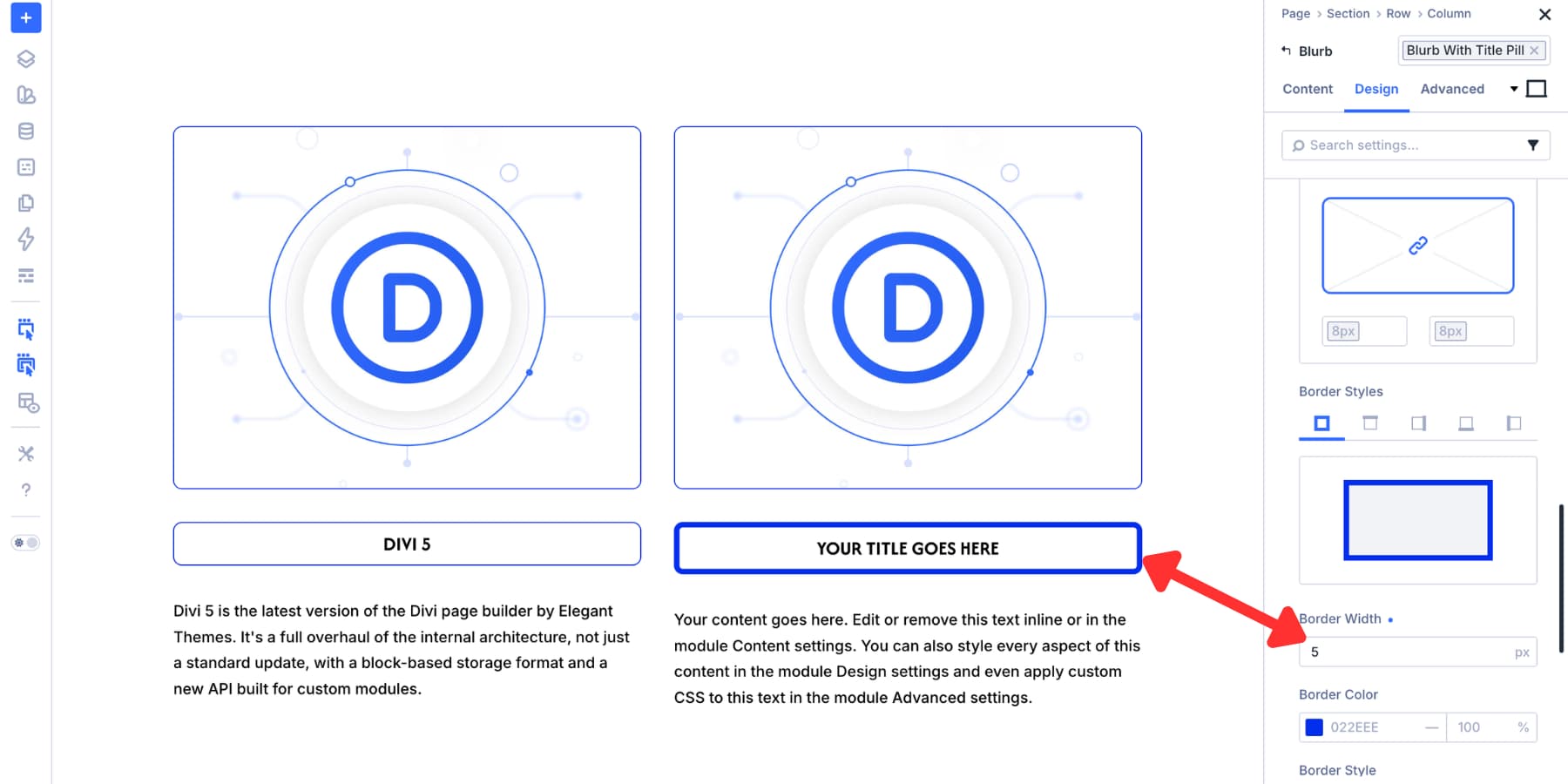 Local override applied to a Blurb title preset in Divi 5