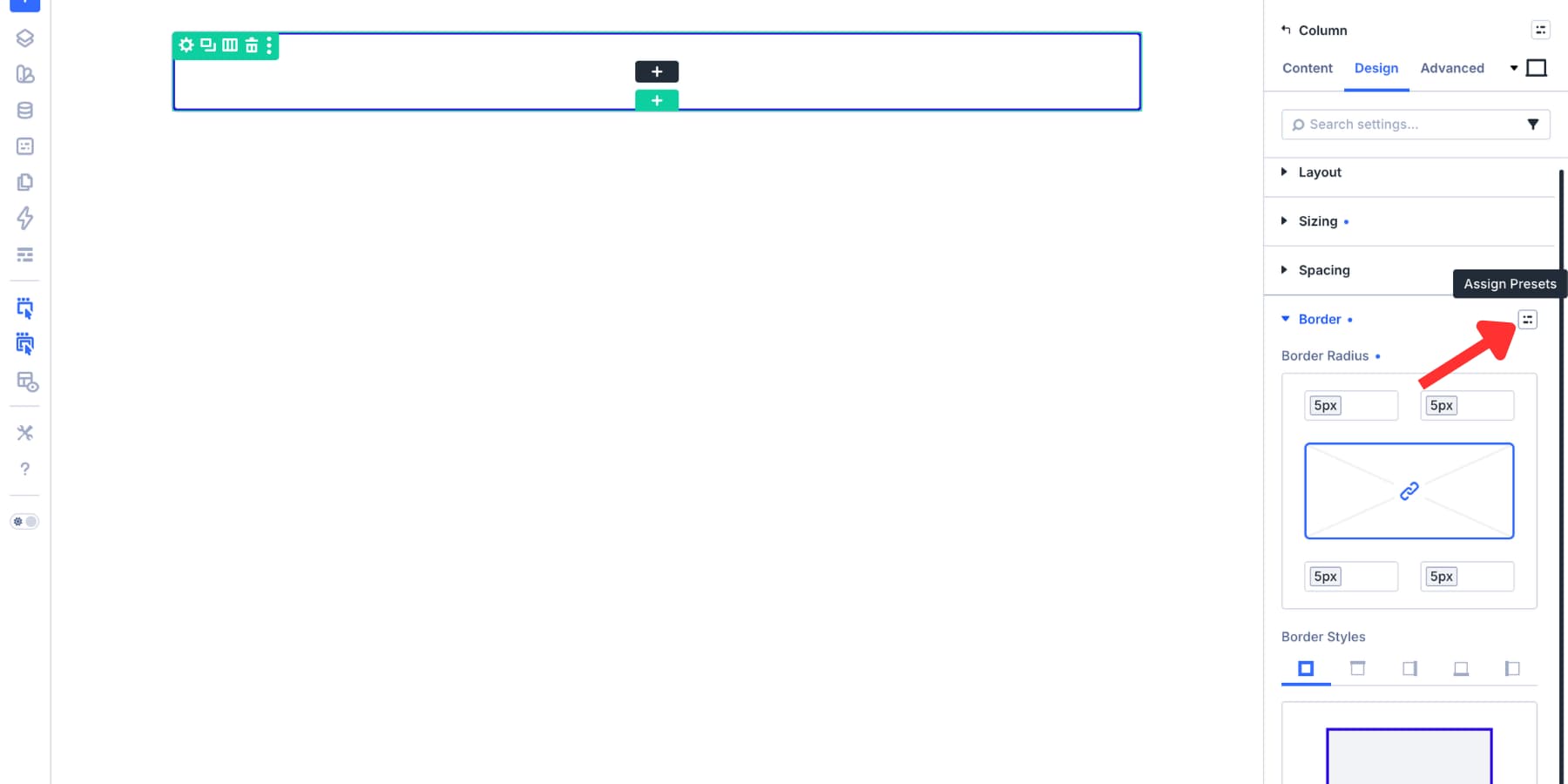 Assign presets icon on the Border option group in Divi 5