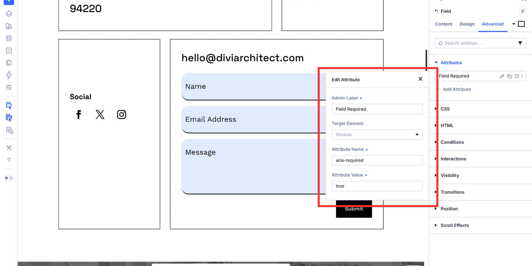 aria-required attribute added to a Divi 5 form field