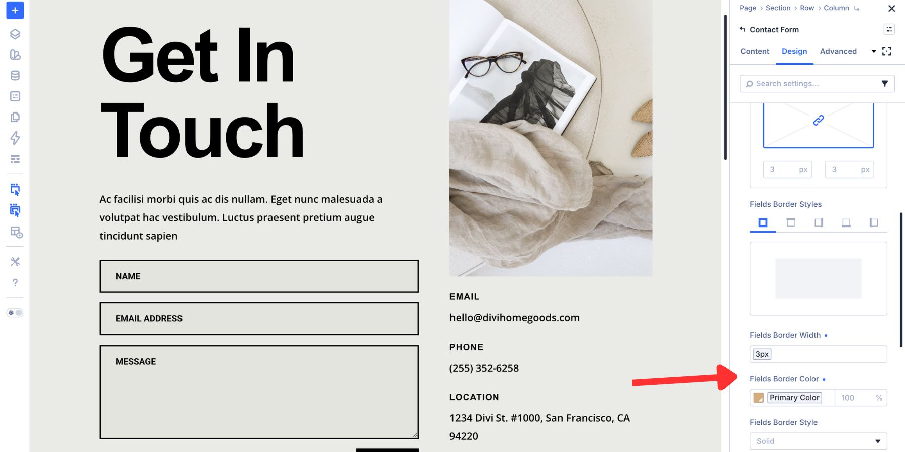 Focus border color applied to form fields in Divi 5