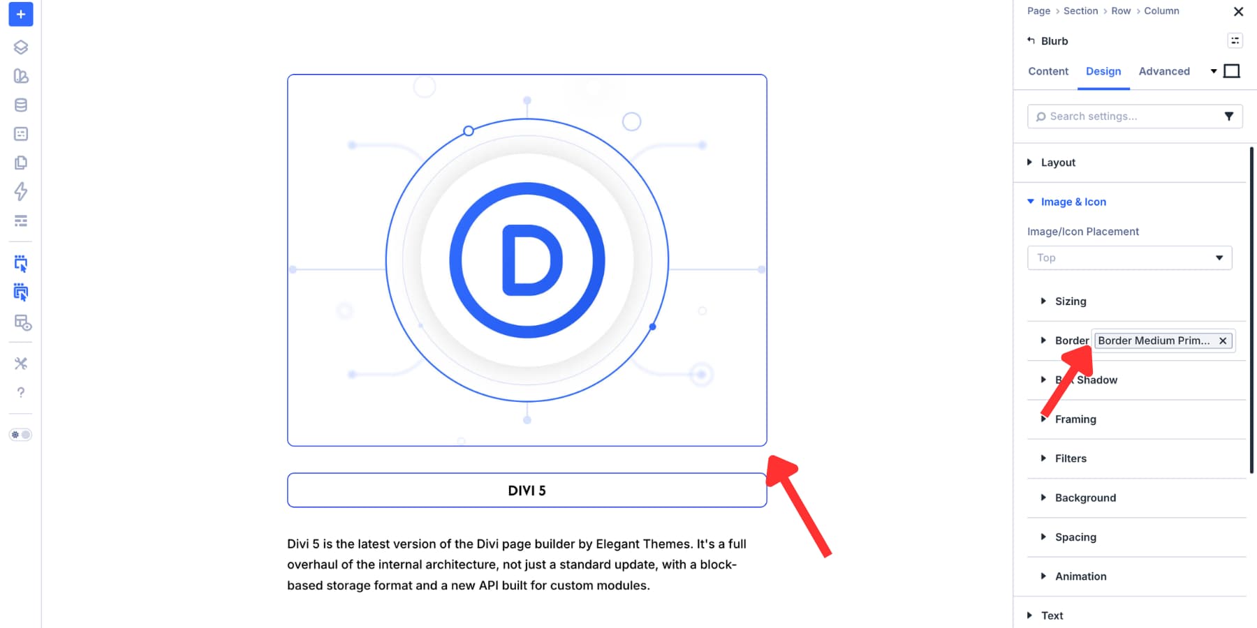 Border Option Group Preset applied to an Image module in Divi 5
