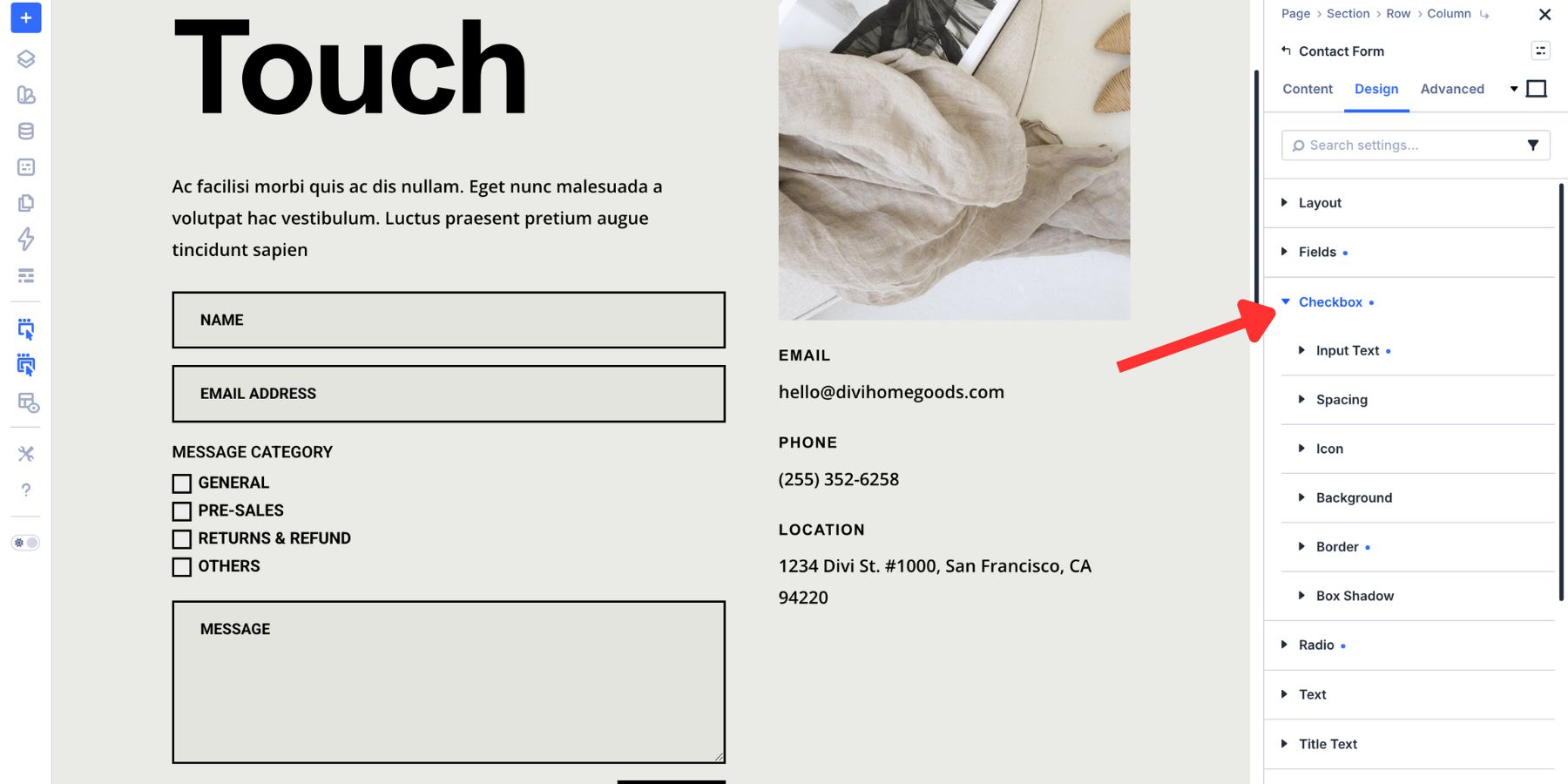 Checkbox option group in Divi 5 form field settings