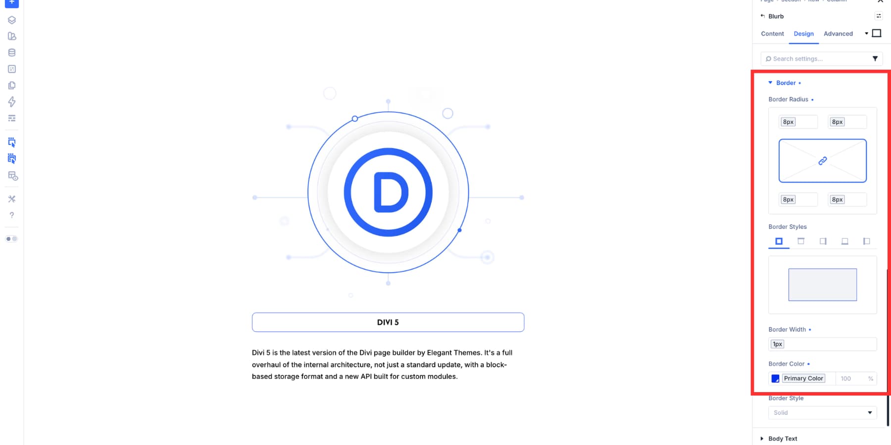Design Variables used for border values in Divi 5