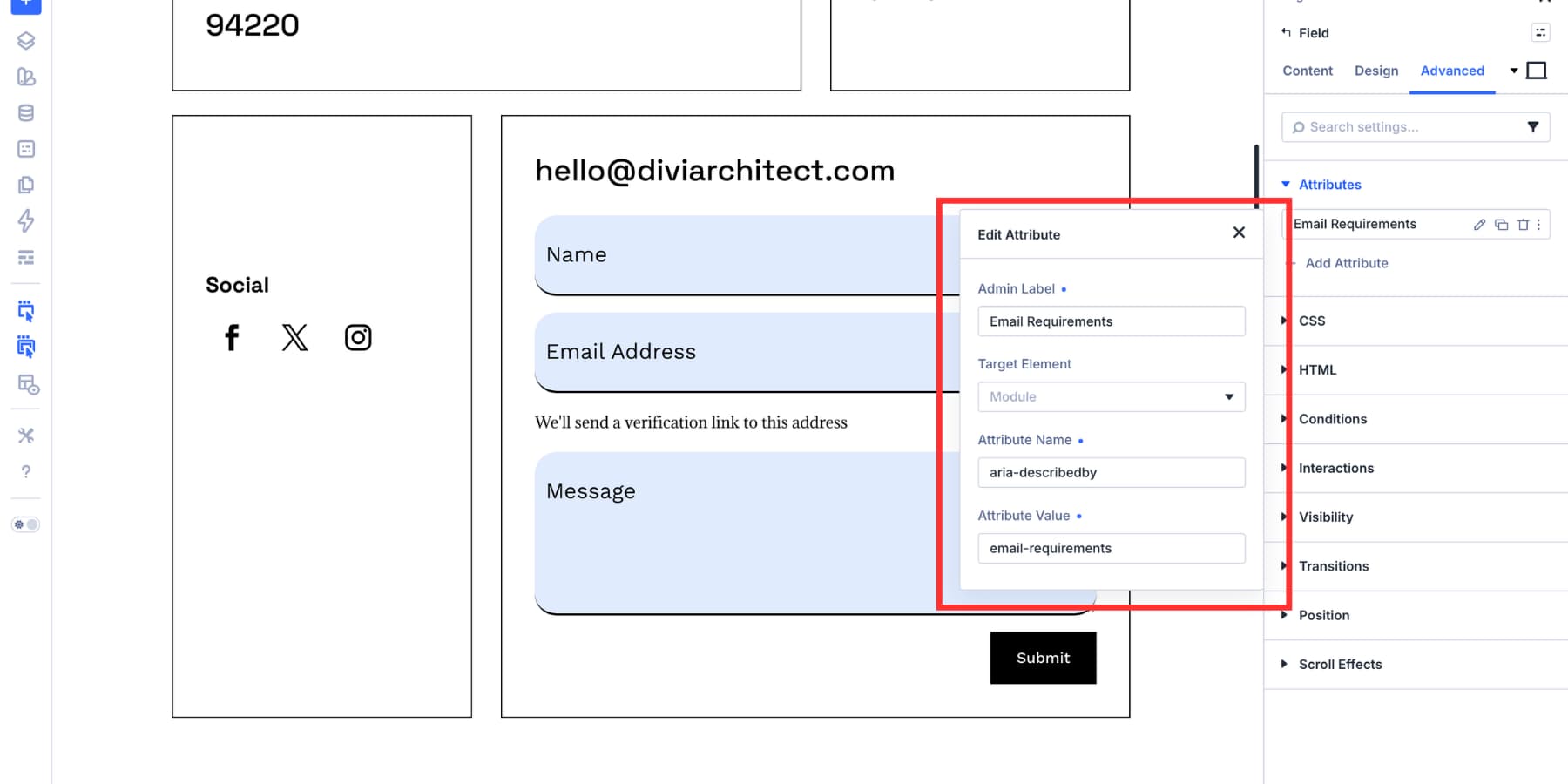 Form field linked to helper text with aria-describedby in Divi 5