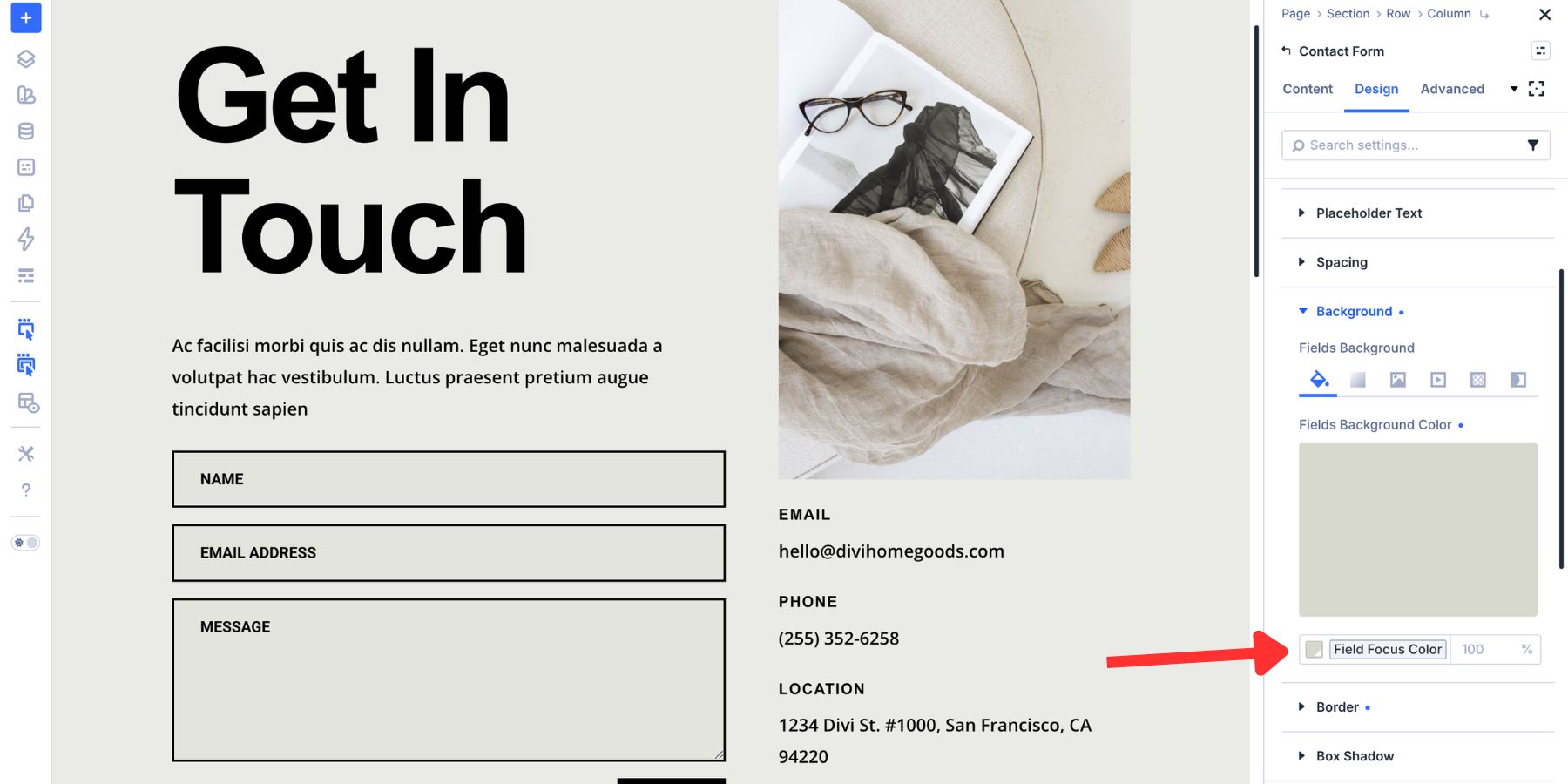 Focused form field background color applied in Divi 5