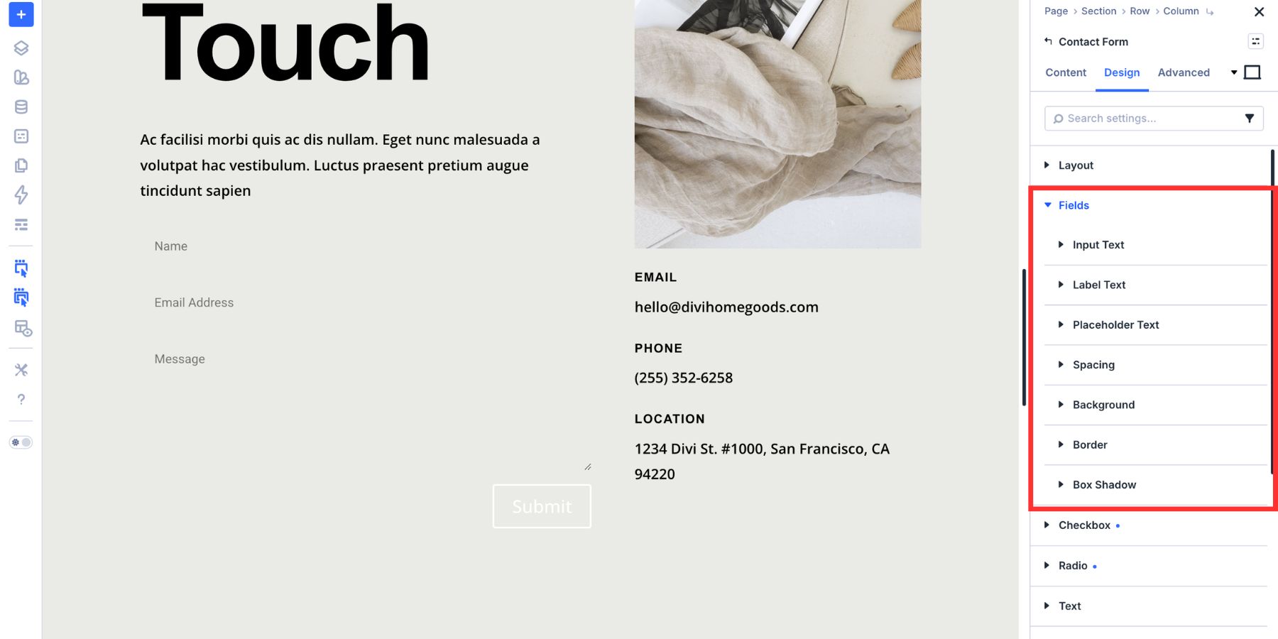 Input field styling options in Divi 5 form settings
