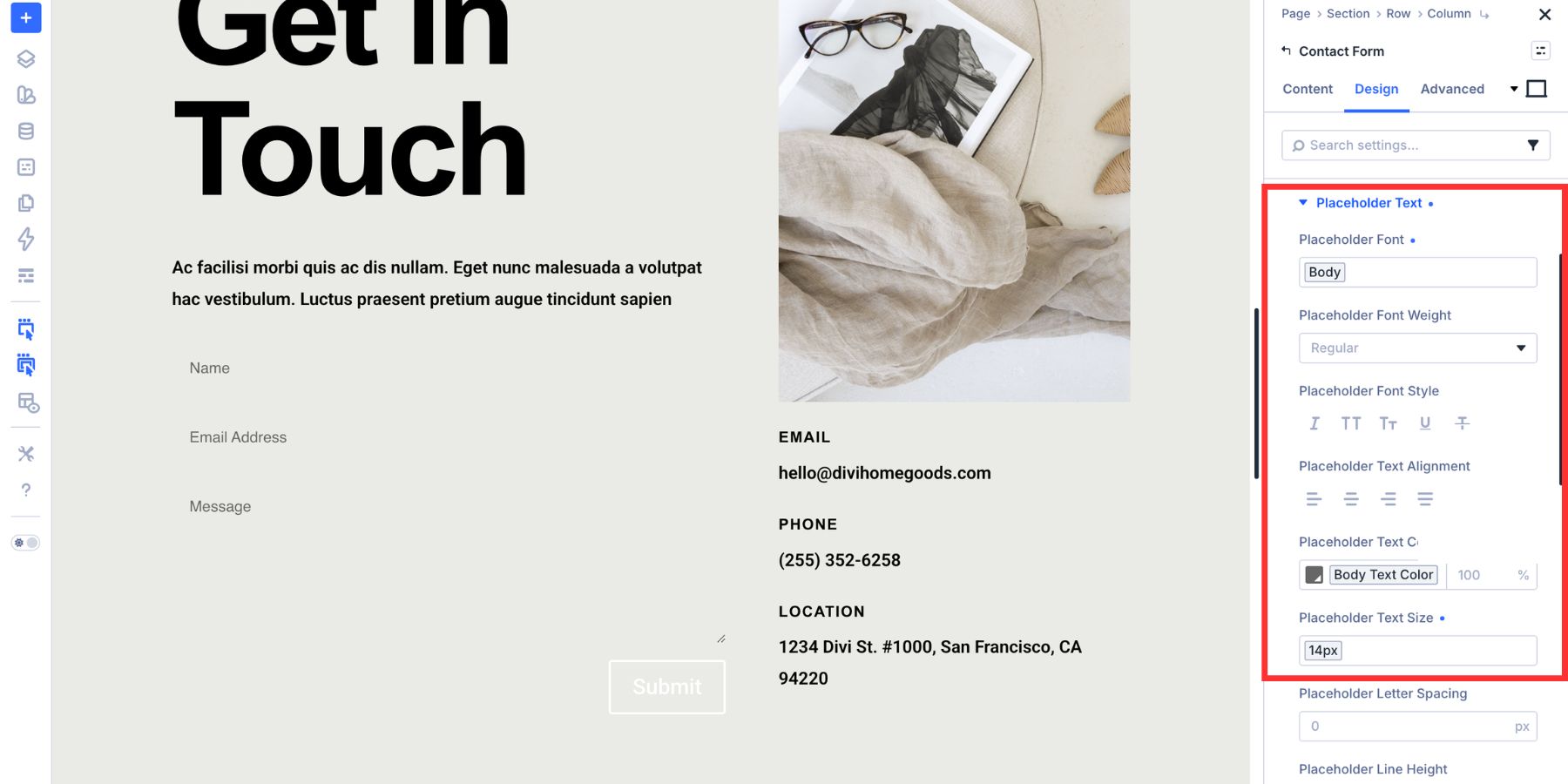 Design Variables used for form field typography in Divi 5