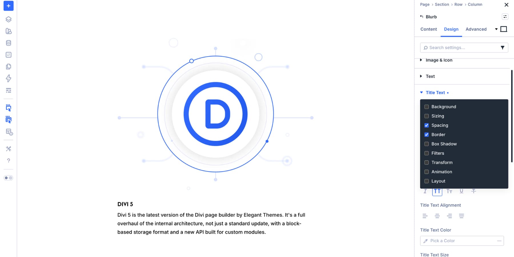 Spacing and Border options enabled for title text in Divi 5