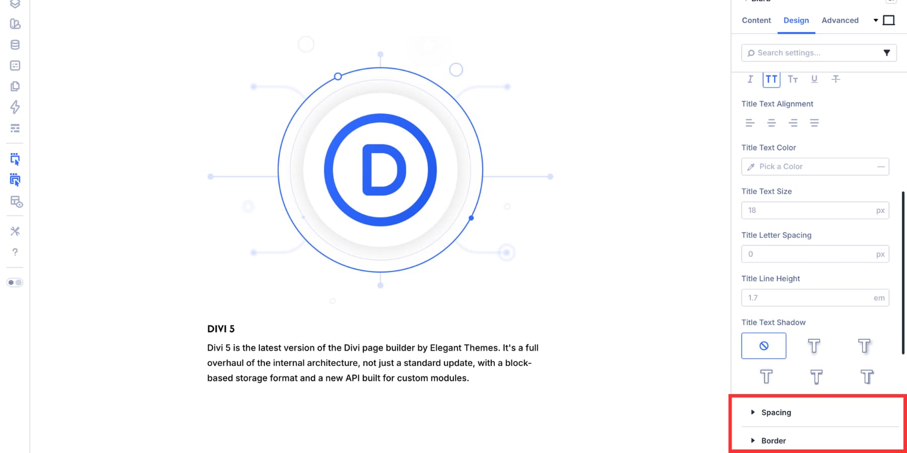 Spacing and Border option groups added to Title Text in Divi 5