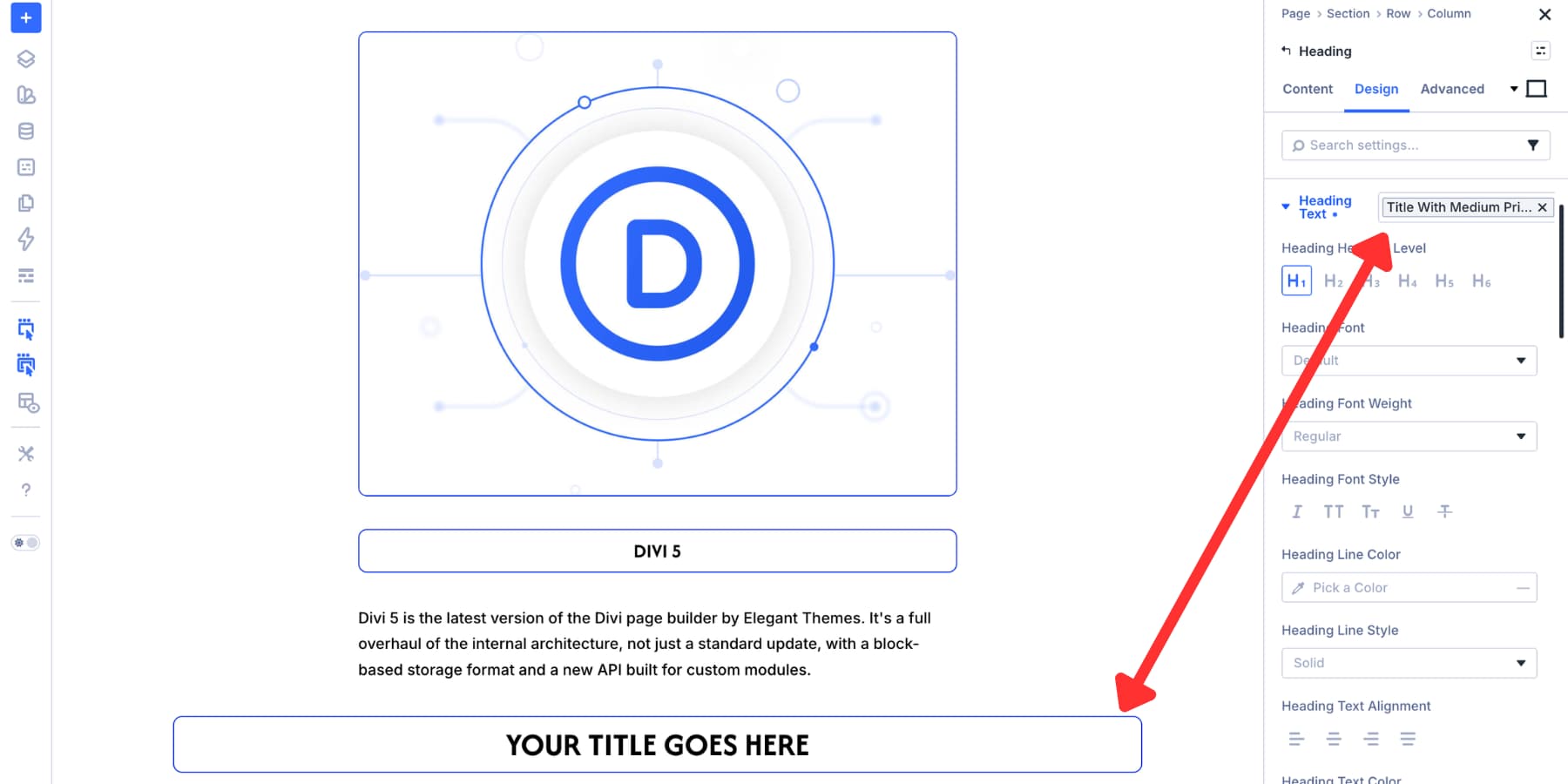 Title Text preset applied to a Heading module in Divi 5