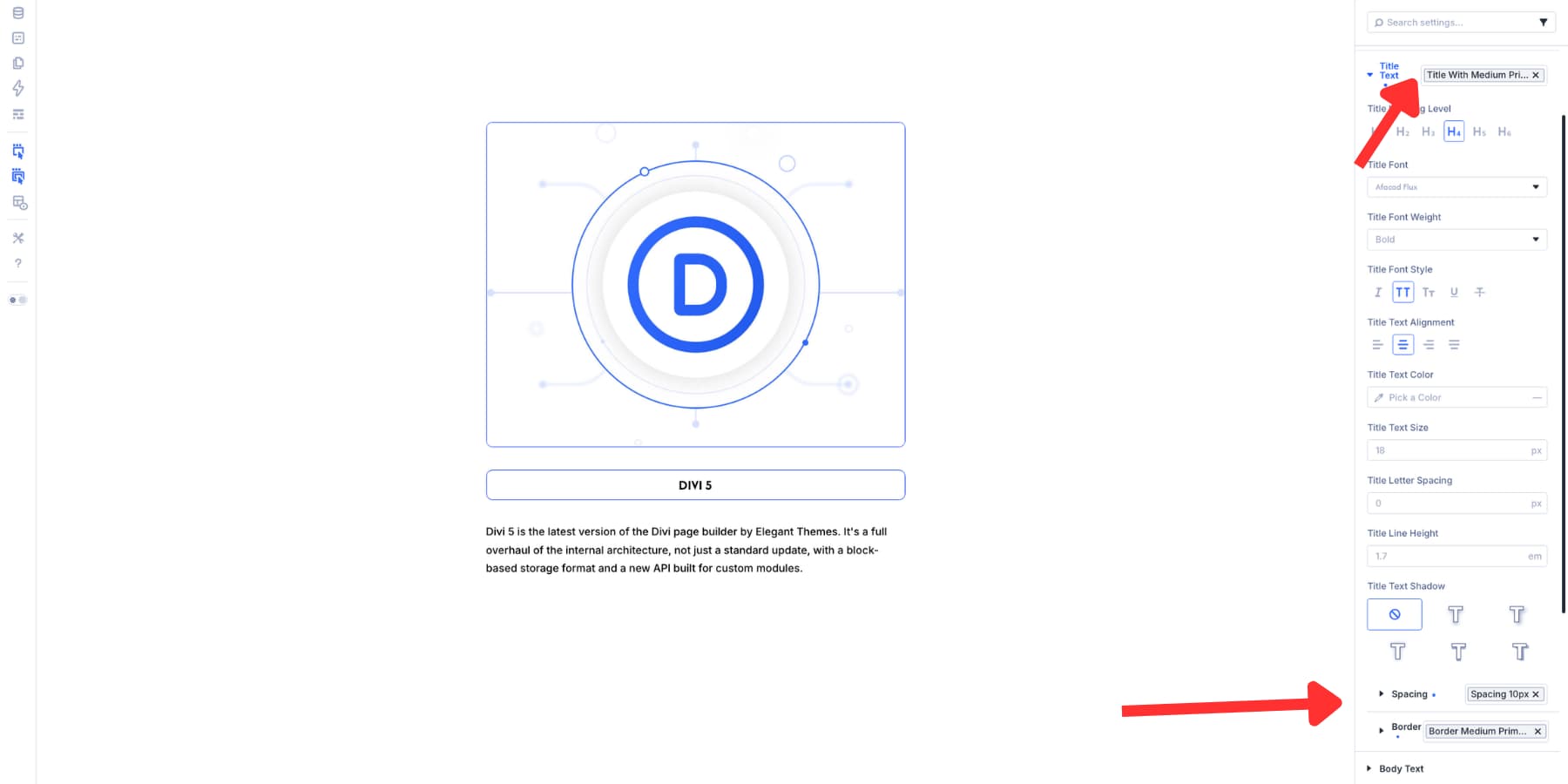 Title Text preset with nested Spacing and Border presets in Divi 5