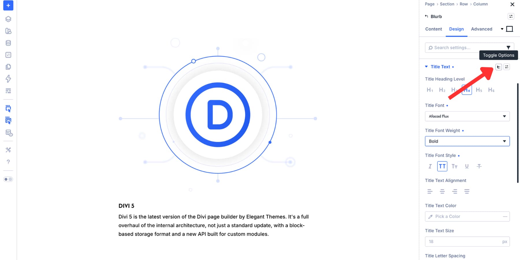 Title Text Toggle Options button in Divi 5