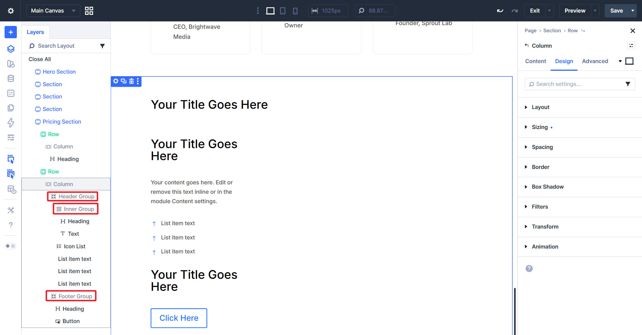 Pricing card Group names in the Divi 5 Layers panel